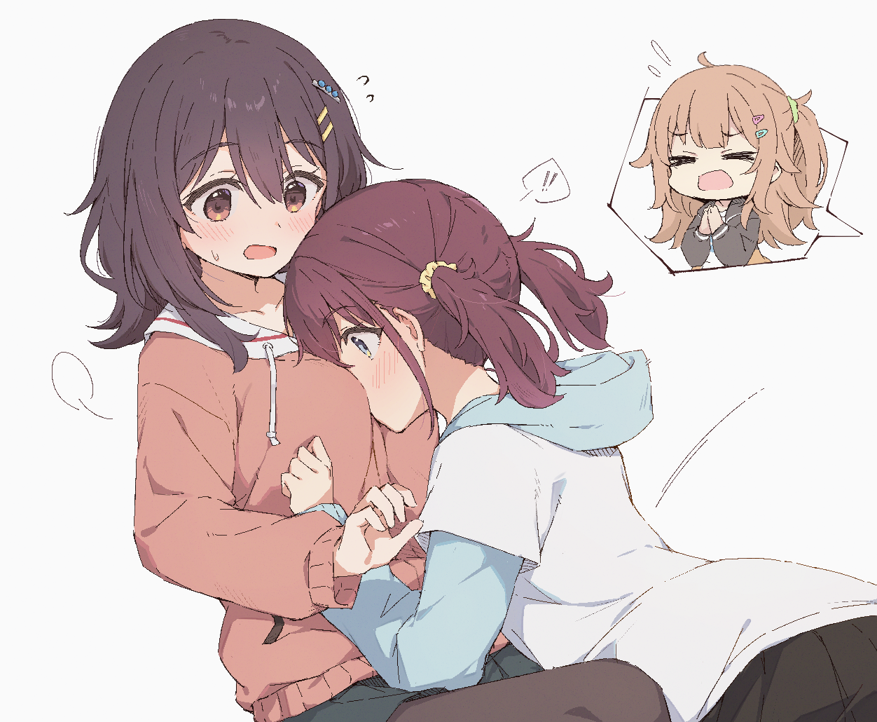 cohiyuri, furutachi kurea, kawai mako, ogawa shinon, hibi wa sugiredo meshi umashi, !, > <, 3girls, between breasts, black hair, black pantyhose, black skirt, blue eyes, blue hoodie, blush, breasts, brown eyes, brown hair, chibi, chibi inset, closed eyes, flying sweatdrops, hair between eyes, hair ornament, hairclip, head between breasts, hood, hoodie, jacket, long hair, long sleeves, medium breasts, medium hair, multiple girls, open mouth, orange hoodie, own hands together, pantyhose, pleated skirt, red hair, red hoodie, scrunchie, shirt, short sleeves, short twintails, skirt, spoken character, spoken exclamation mark, spoken expression, star (symbol), star hair ornament, sweatdrop, twintails, white hoodie, yuri
