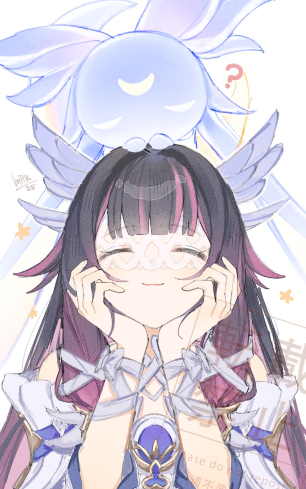 milk3 252, columbina (genshin impact), genshin impact, commentary, hashtag-only commentary, highres, 1girl, ?, artist name, bare shoulders, black hair, bow, closed eyes, closed mouth, hair ornament, head rest, long hair, luonnotar (genshin impact), multicolored hair, on head, purple hair, solo, very long hair, watermark, white background, white bow, wing hair ornament