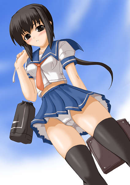 kokorono arika, 1girl, black eyes, black hair, blush, cameltoe, female focus, midriff, panties, school uniform, solo, thighhighs, underwear, upskirt, white panties