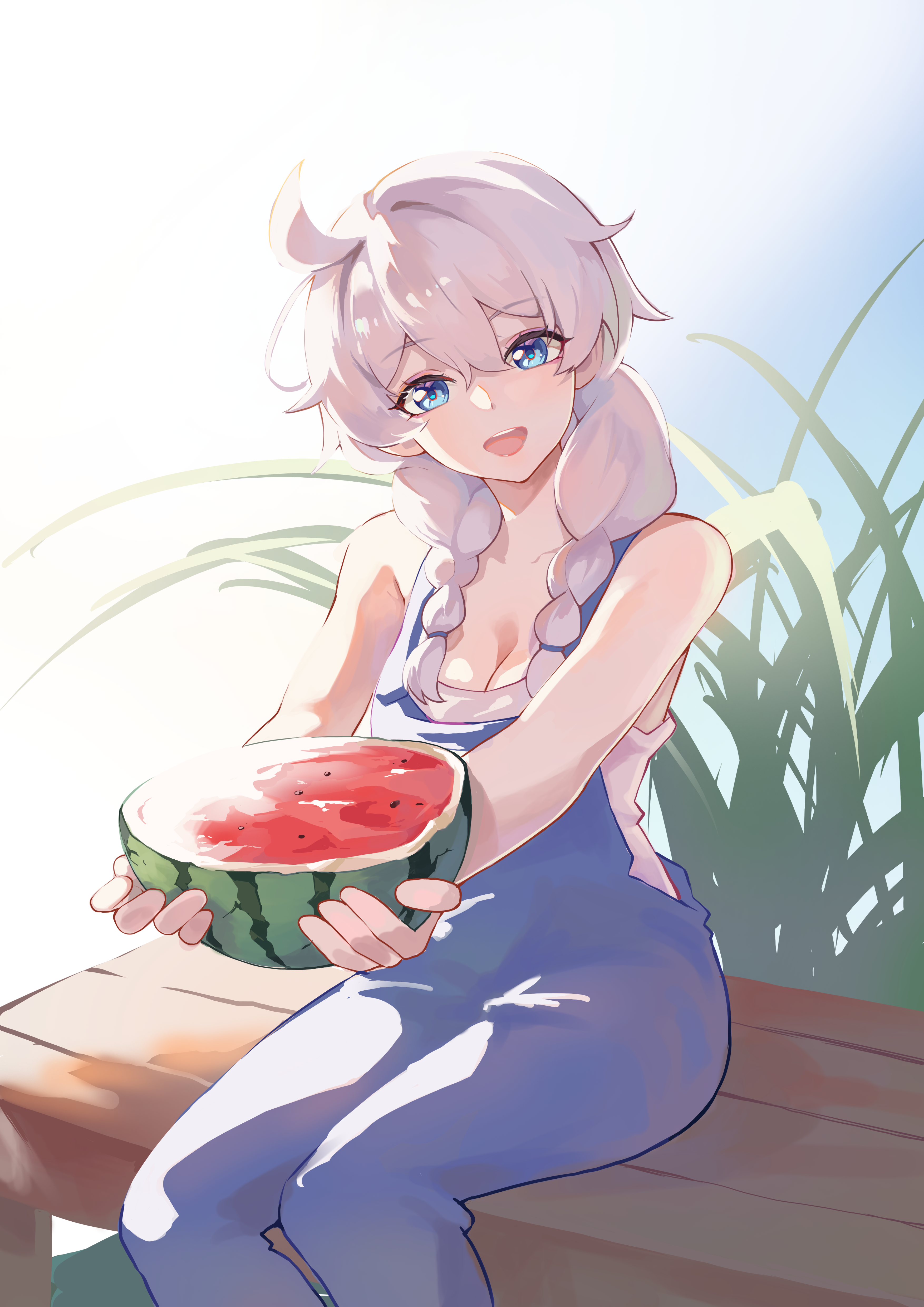 raito (280089691), kiana kaslana, honkai (series), honkai impact 3rd, absurdres, chinese commentary, commentary request, highres, 1girl, :d, ahoge, blue eyes, braid, breasts, cleavage, feet out of frame, food, fruit, grey hair, holding, holding food, holding fruit, long hair, looking at viewer, open mouth, overalls, sitting, smile, solo, twin braids, watermelon