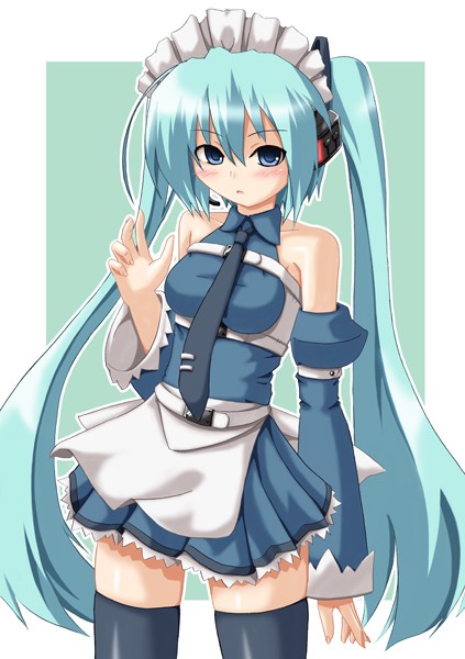 kokorono arika, hatsune miku, vocaloid, alternate costume, apron, bare shoulders, detached sleeves, enmaided, long hair, maid, maid apron, microphone, necktie, skirt, solo, thighhighs, twintails, very long hair