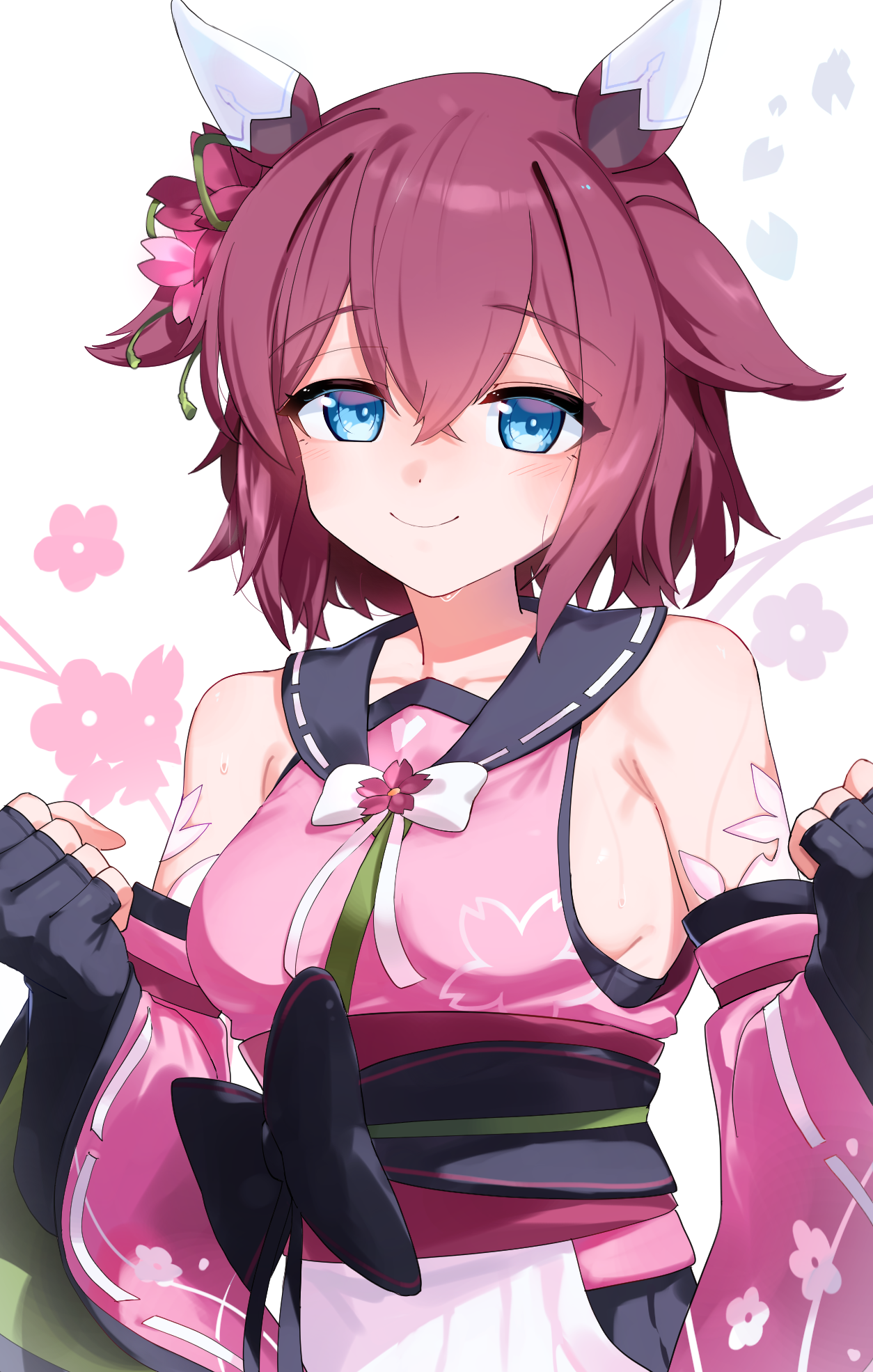 eltir, sakura chiyono o (hinoshita kaisan hana akari) (umamusume), sakura chiyono o (umamusume), umamusume, commentary, highres, symbol-only commentary, 1girl, animal ears, black gloves, black sailor collar, blue eyes, blush, breasts, cherry blossom print, cherry blossoms, closed mouth, detached sleeves, ear covers, ear ornament, fingerless gloves, floral print, flower, gloves, hair between eyes, hair flaps, hair flower, hair ornament, horse ears, horse girl, japanese clothes, kimono, looking at viewer, medium breasts, pink hair, pink kimono, pink sleeves, print kimono, sailor collar, short hair, simple background, sleeveless, sleeveless kimono, smile, solo, sweat, upper body, white background