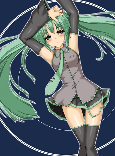 kokorono arika, hatsune miku, vocaloid, 1girl, aqua hair, armpits, blush, detached sleeves, female focus, microphone, necktie, skirt, solo, thighhighs, twintails