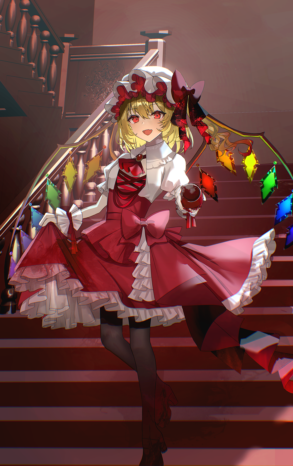 sakizaki saki-p, flandre scarlet, touhou, commentary, highres, 1girl, alternate costume, ascot, black pantyhose, blonde hair, bow, breasts, brooch, crystal, crystal wings, dress, fang, food, frilled dress, frills, fruit, hat, hat bow, high heels, holding, holding food, holding fruit, jewelry, long hair, looking at viewer, mob cap, multicolored wings, one side up, open mouth, pantyhose, puffy sleeves, red ascot, red bow, red dress, red eyes, red shoes, ribbon, shoes, skin fang, skirt hold, small breasts, smile, stairs, white hat, wings, wrist cuffs