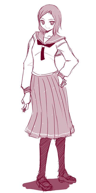 yuuki akira, takei hisa, saki (manga), 00s, 1girl, female focus, hand on own hip, hip focus, long skirt, monochrome, pantyhose, pink theme, school uniform, serafuku, skirt, solo, standing