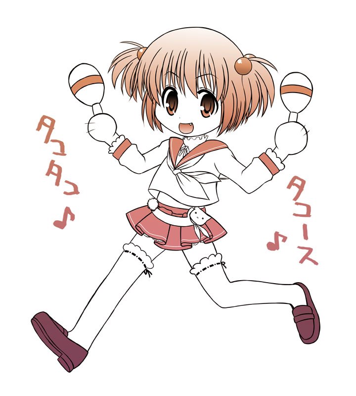 yuuki akira, kataoka yuuki, saki (manga), lace-trimmed legwear, 00s, 1girl, :d, brown eyes, brown hair, colored skin, fang, female focus, hair bobbles, hair ornament, instrument, lace, lace trim, limited palette, loafers, looking at viewer, maracas, midriff, open mouth, outstretched arms, pleated skirt, school uniform, serafuku, shoes, simple background, skirt, smile, solo, spread arms, thighhighs, two side up, white background, white skin, white thighhighs