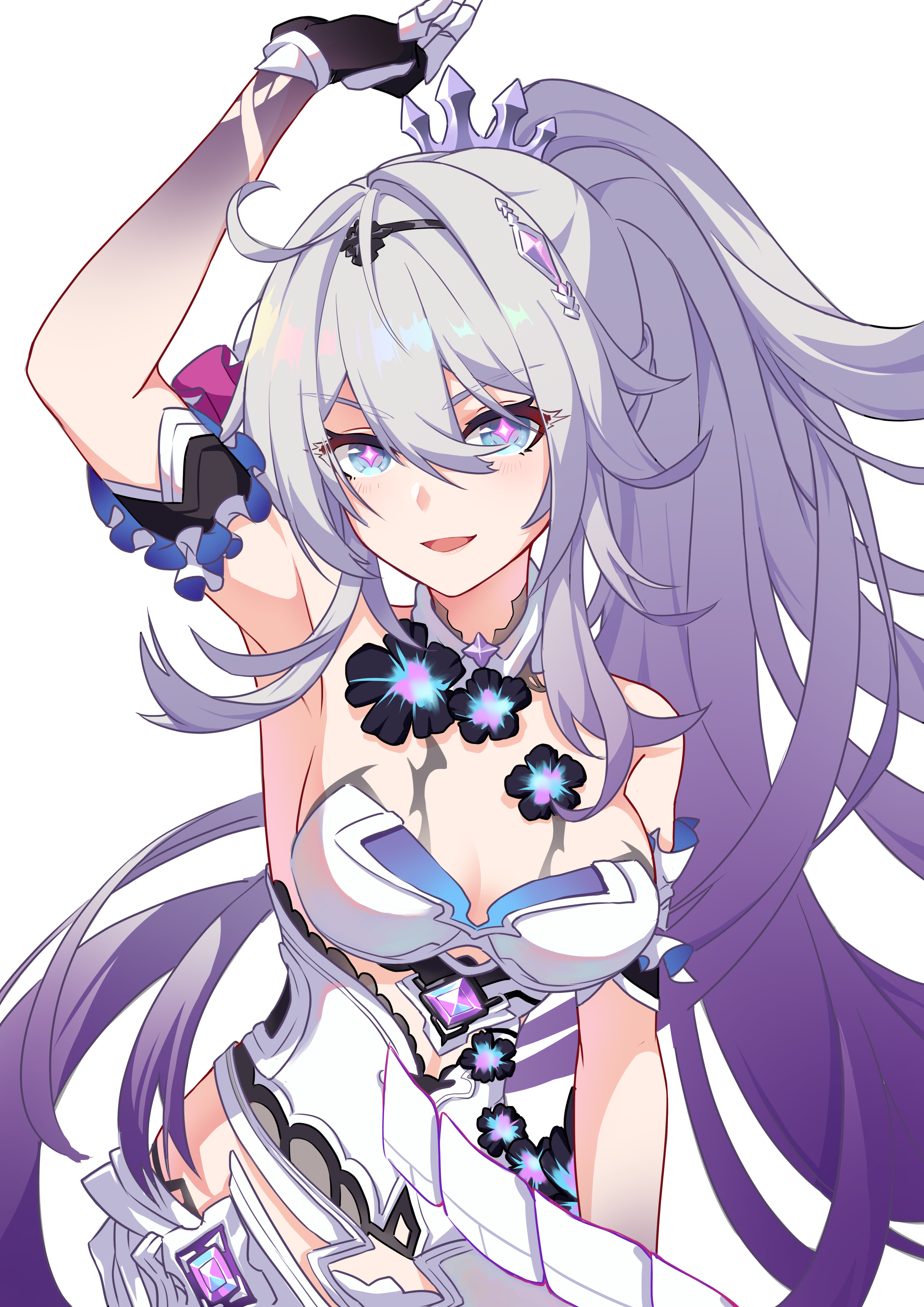 raito (280089691), kiana kaslana, kiana kaslana (herrscher of finality), honkai (series), honkai impact 3rd, absurdres, chinese commentary, commentary request, highres, 1girl, ahoge, arm up, armband, armpits, artist name, bare shoulders, black flower, black hairband, blue eyes, breasts, chest jewel, choker, clothing cutout, cross-shaped pupils, dress, eyes visible through hair, flower, flower ornament, frilled armband, frills, gauntlets, gradient hair, hair ornament, hairband, high ponytail, hip vent, long hair, looking at viewer, medium breasts, multicolored hair, open mouth, pink pupils, ponytail, purple hair, sidelocks, simple background, sleeveless, smile, solo, star (symbol), star choker, symbol-shaped pupils, tattoo, upper body, very long hair, white background, white choker, white dress, white hair