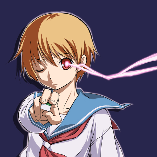 miyanaga saki, saki (manga), bad id, bad pixiv id, 00s, 1girl, ;), blonde hair, board game, brown hair, collarbone, eraser, female focus, glowing, glowing eye, holding, lightning, long sleeves, mahjong, mahjong tile, neckerchief, one eye closed, red eyes, red neckerchief, sailor collar, school uniform, serafuku, short hair, simple background, smile, solo, upper body, wink