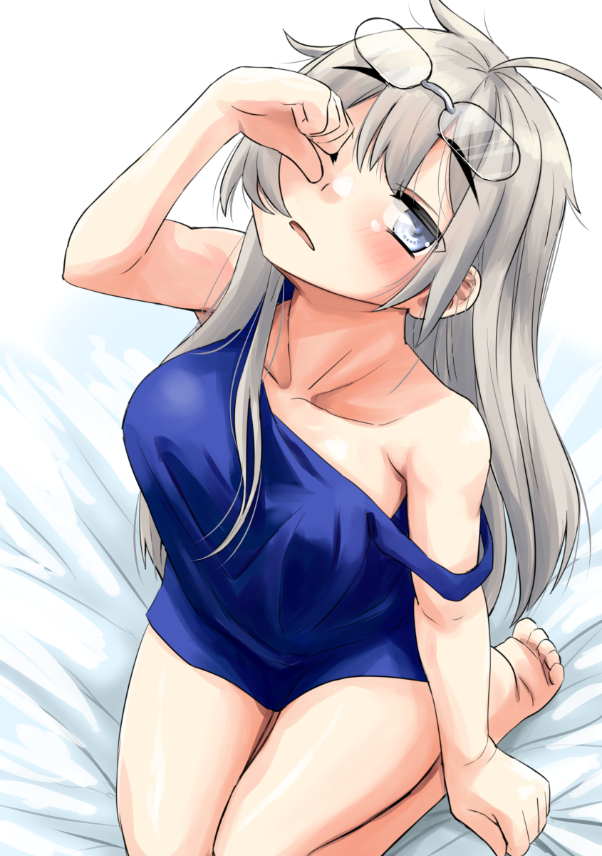 nekotarou (nktr299), heywood l. edwards (kancolle), kantai collection, highres, 1girl, ahoge, barefoot, blue eyes, blue shirt, breasts, eyewear on head, glasses, grey hair, long hair, looking at viewer, medium breasts, no pants, on bed, open mouth, rubbing eyes, shirt, sleepy, solo, waking up, yawning