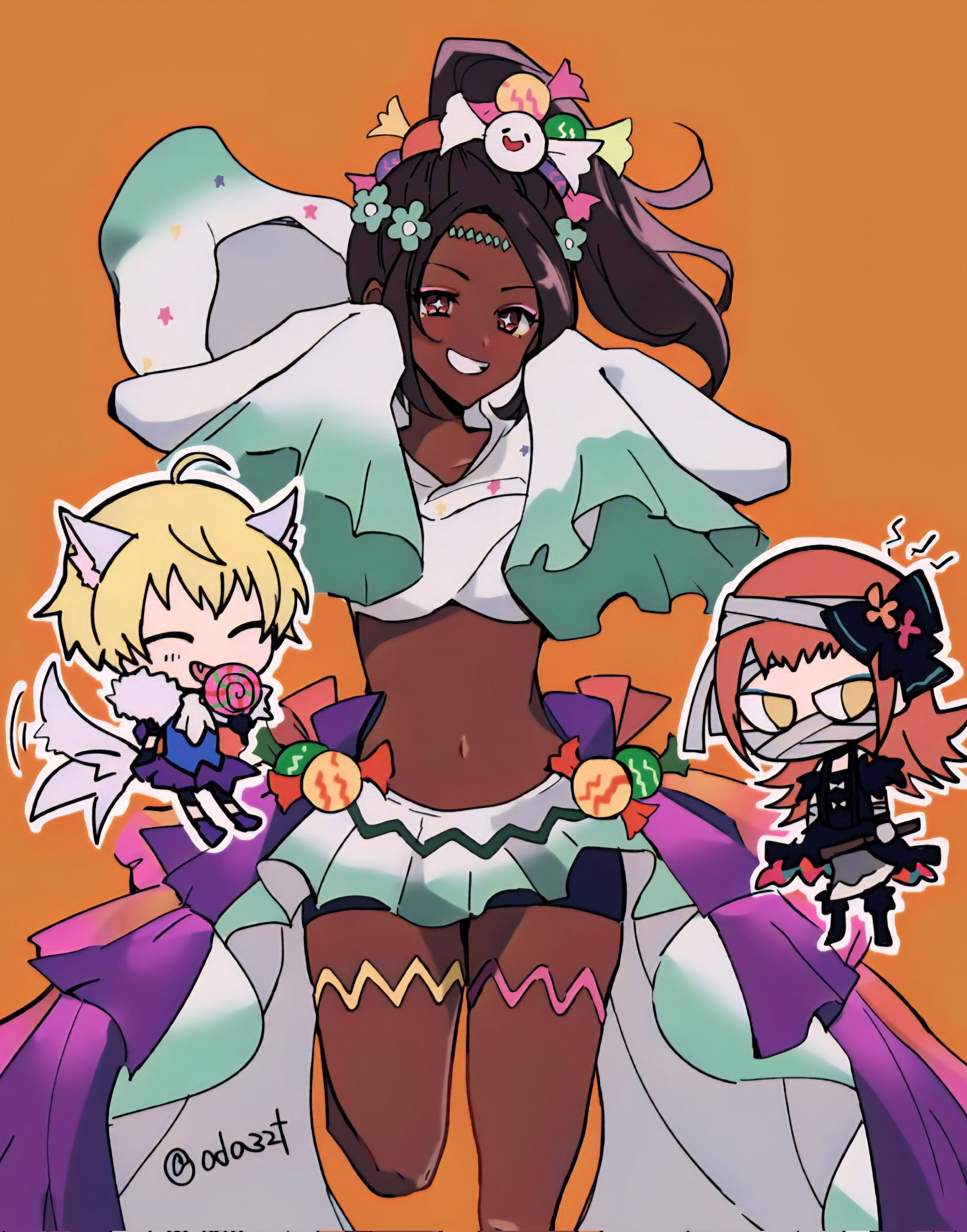 oda32t, merrin (fire emblem), panette (fire emblem), timerra (fire emblem), timerra (halloween) (fire emblem), fire emblem, fire emblem engage, fire emblem heroes, nintendo, highres, 3girls, ahoge, animal ears, ascot, axe, bandage on face, bandages, black boots, black choker, black dress, blonde hair, blue shirt, boots, breasts, brown hair, candy, candy hair ornament, choker, closed eyes, crop top, dark-skinned female, dark skin, dress, food, food-themed hair ornament, fur sleeves, fur trim, ghost costume, ghost hair ornament, gloves, grin, hair ornament, halloween, halloween costume, holding, holding axe, holding candy, holding food, holding lollipop, lollipop, long hair, long sleeves, looking at viewer, medium breasts, midriff, multiple girls, navel, official alternate costume, open mouth, orange hair, ponytail, purple skirt, shirt, short hair, skirt, sleeves past fingers, sleeves past wrists, smile, solo focus, star-shaped pupils, star (symbol), stomach, symbol-shaped pupils, tail, thighs, very dark skin, white ascot, wolf, wolf ears, wolf tail, yellow eyes
