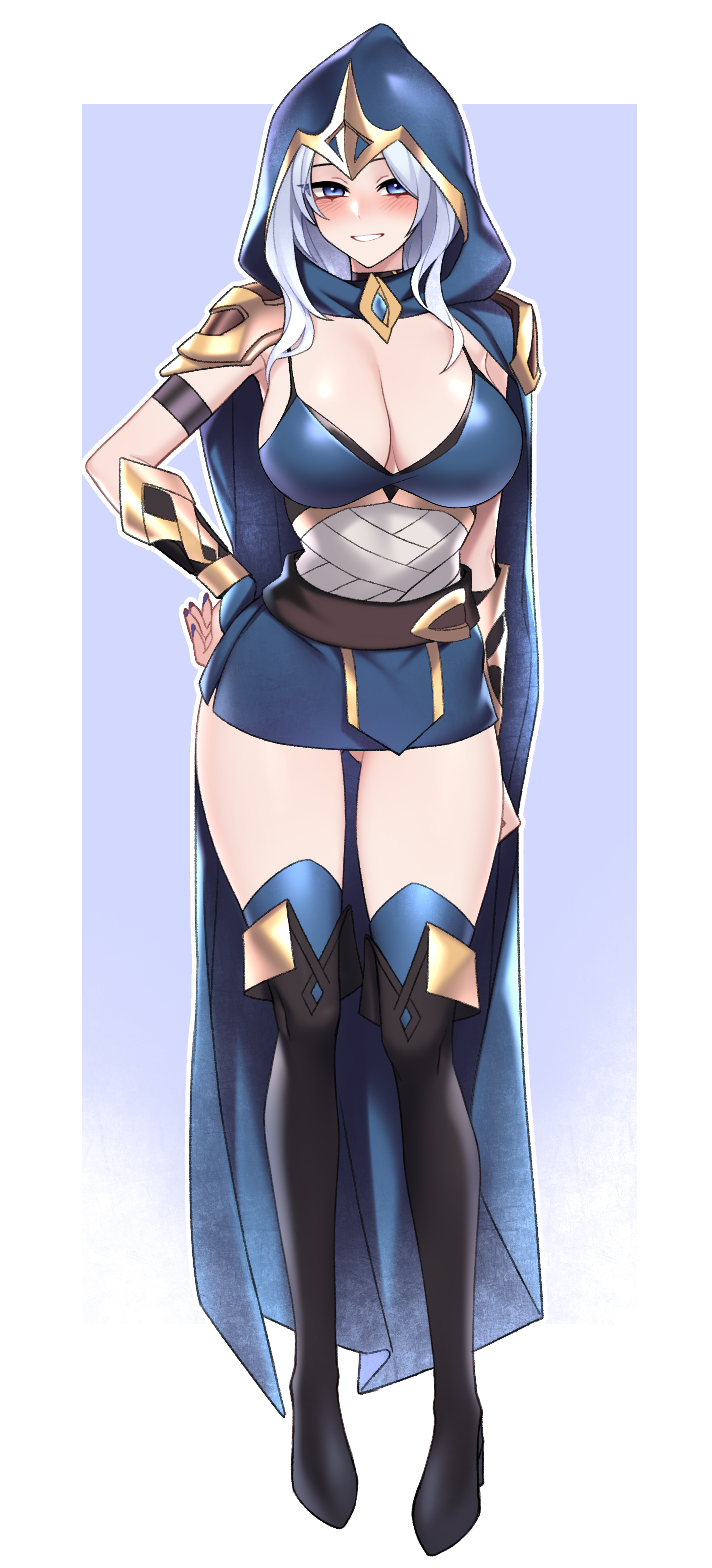dogs (dlrkdejr26), ashe (league of legends), league of legends, absurdres, highres, korean commentary, 1girl, :d, arm behind back, arm strap, black shoes, blue cloak, blue eyes, blue hood, blue skirt, blush, boots, border, bracer, breasts, cleavage, cloak, dot nose, forehead, full body, gluteal fold, gold bracer, grey hair, hand on own hip, hood, hood up, hooded cloak, large breasts, legs, legs apart, long hair, looking at viewer, microskirt, nail polish, nose blush, open mouth, outline, purple nails, shoes, skirt, smile, solo, standing, thigh boots, thighs, white border, white outline