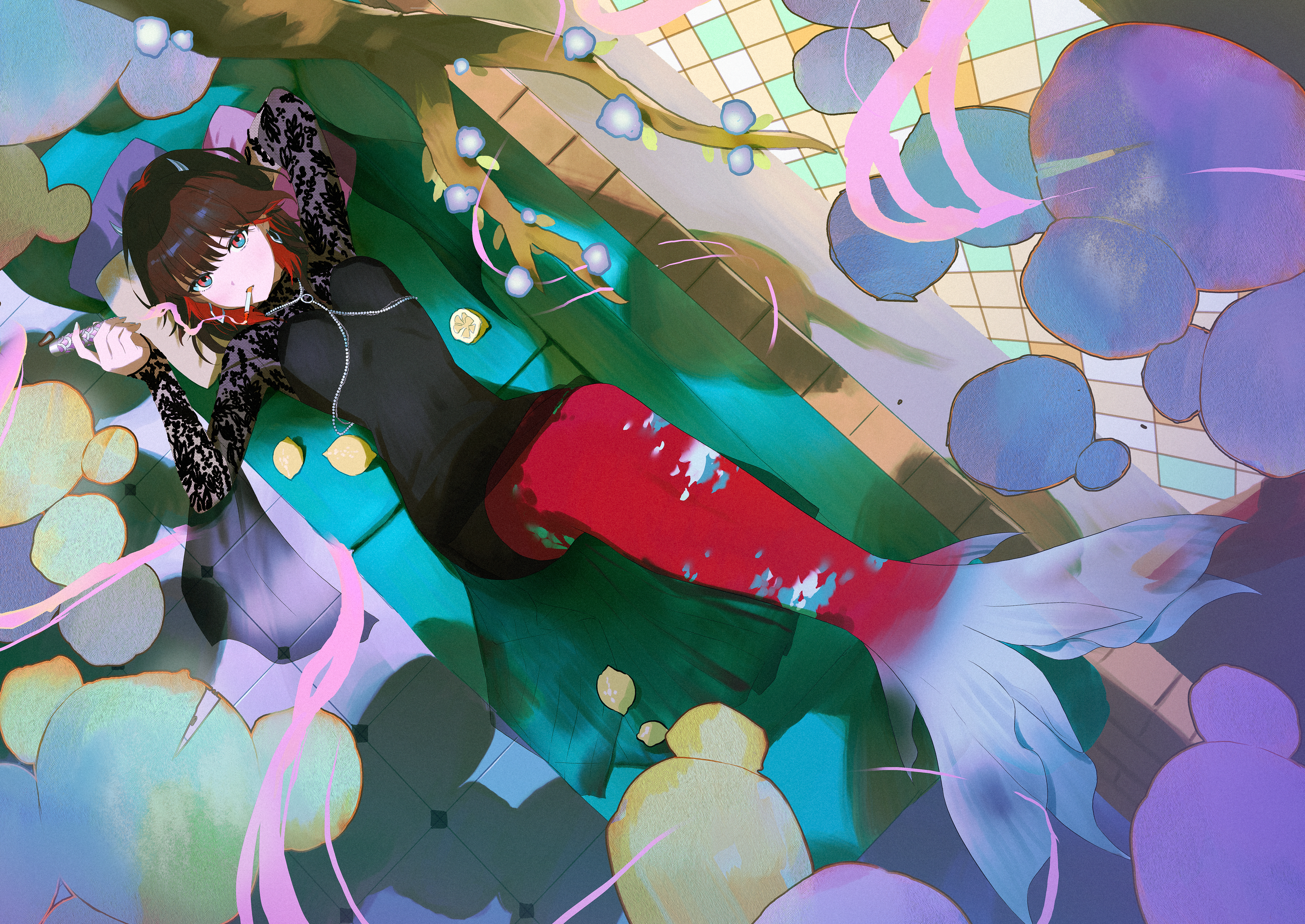 original, absurdres, commentary request, highres, 1girl, akibare (mmpv2224), black shirt, brown hair, cigarette, couch, film grain, food, from behind, fruit, full body, grey eyes, holding, lace, lemon, long shirt, looking at viewer, lying, medium hair, mermaid, monster girl, multicolored hair, on back, on couch, shirt, smoking, solo