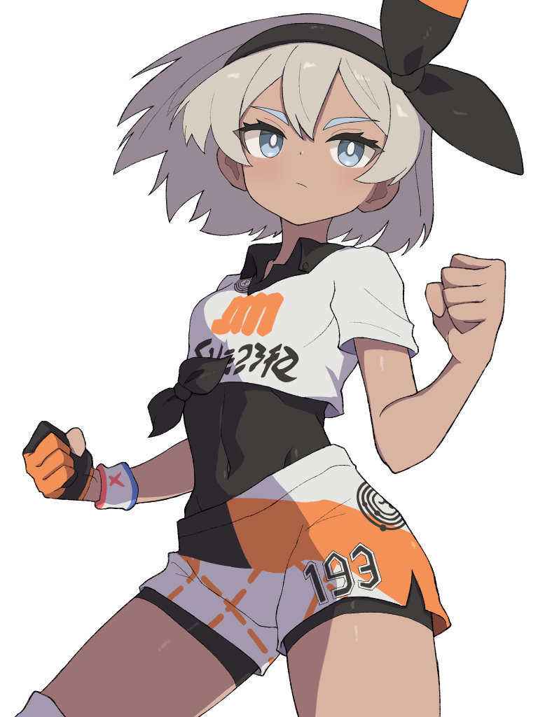 hiyoshipow, bea (pokemon), nintendo, pokemon, pokemon swsh, 1girl, black bodysuit, black hairband, blue eyes, bodysuit, bodysuit under clothes, bow hairband, breasts, closed mouth, cowboy shot, dark-skinned female, dark skin, gloves, grey eyes, grey hair, hair between eyes, hairband, looking at viewer, print shirt, print shorts, shirt, short hair, short sleeves, shorts, side slit, side slit shorts, simple background, single glove, solo, tied shirt, white background