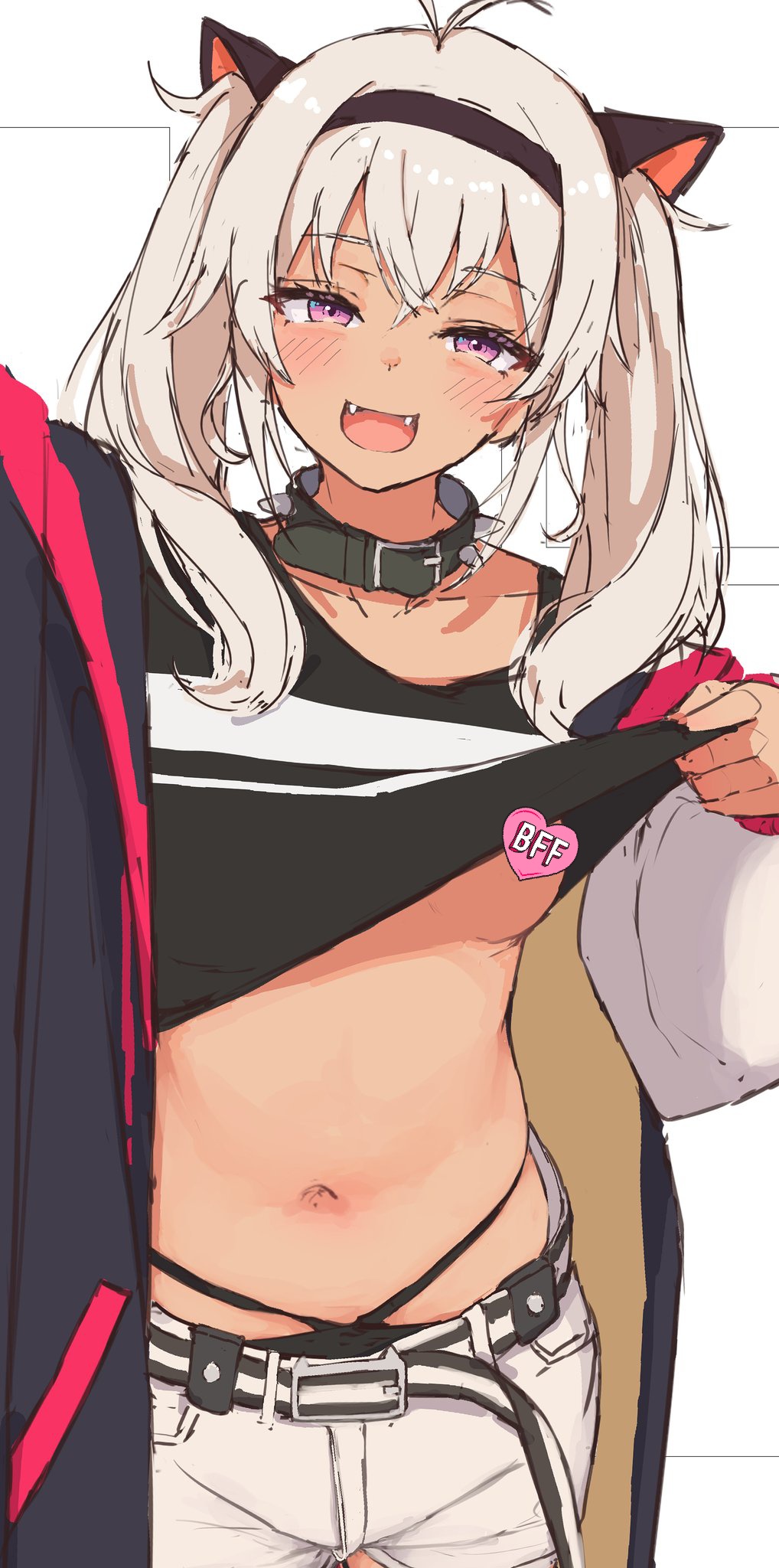 koutate, matsukai mao, matsukai mao (1st costume), nijisanji, highres, 1girl, animal ears, antenna hair, black shirt, breasts, cat ears, censored, censored nipples, clothes lift, collar, crop top, dark-skinned female, dark skin, fake animal ears, fangs, grey hair, jacket, lifting own clothes, long hair, looking at viewer, navel, open mouth, panties, panty straps, petite, pink eyes, shirt, shirt lift, short shorts, shorts, small breasts, smile, spiked collar, spikes, twintails, underwear, virtual youtuber, white shorts