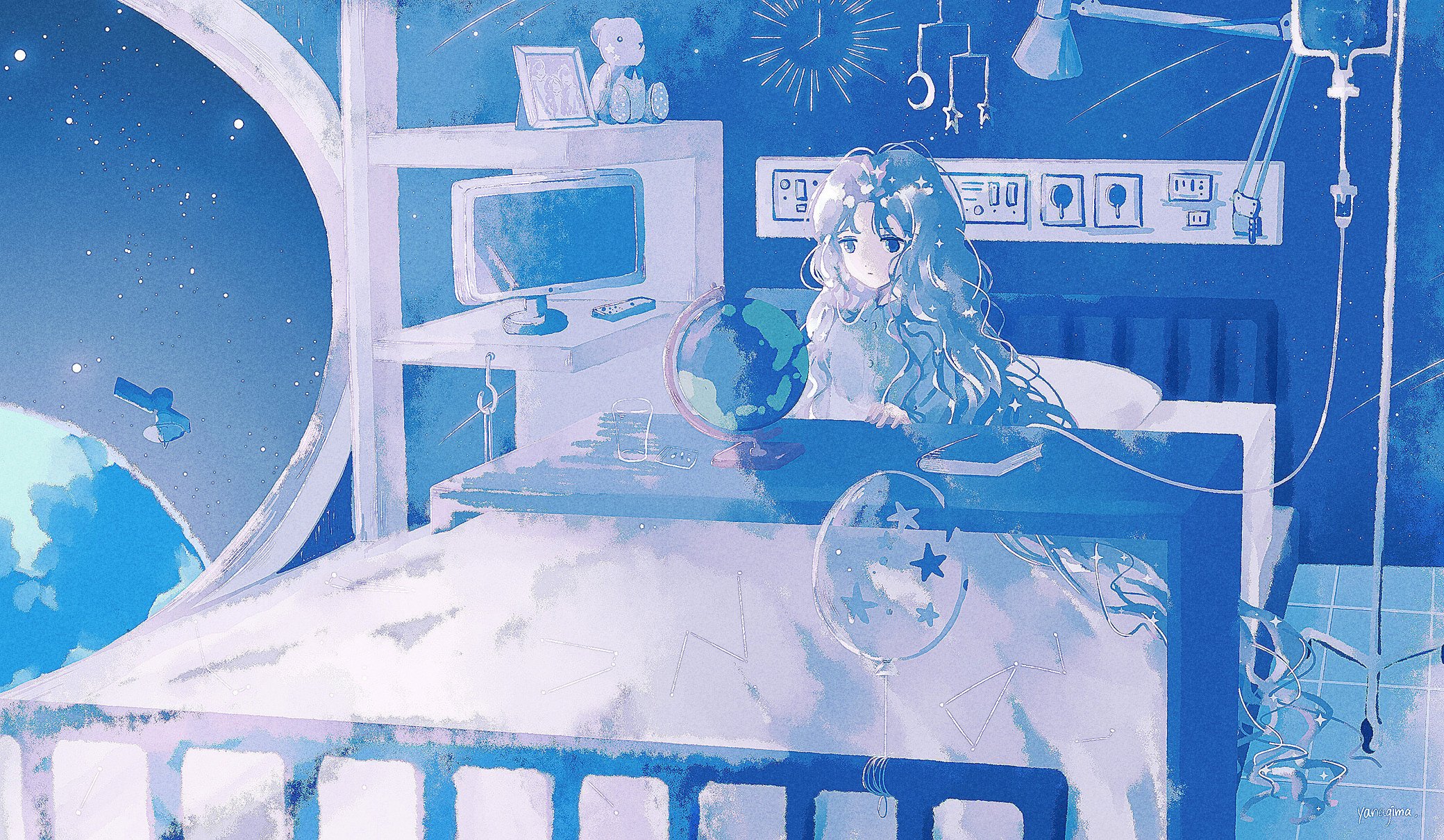 yanagima yu03, original, highres, 1girl, bed, blue eyes, book, clock, crescent, curly hair, hospital bed, intravenous drip, long hair, monitor, pillow, sky, solo, star (sky), star (symbol), starry sky, stuffed animal, stuffed toy, teddy bear, very long hair