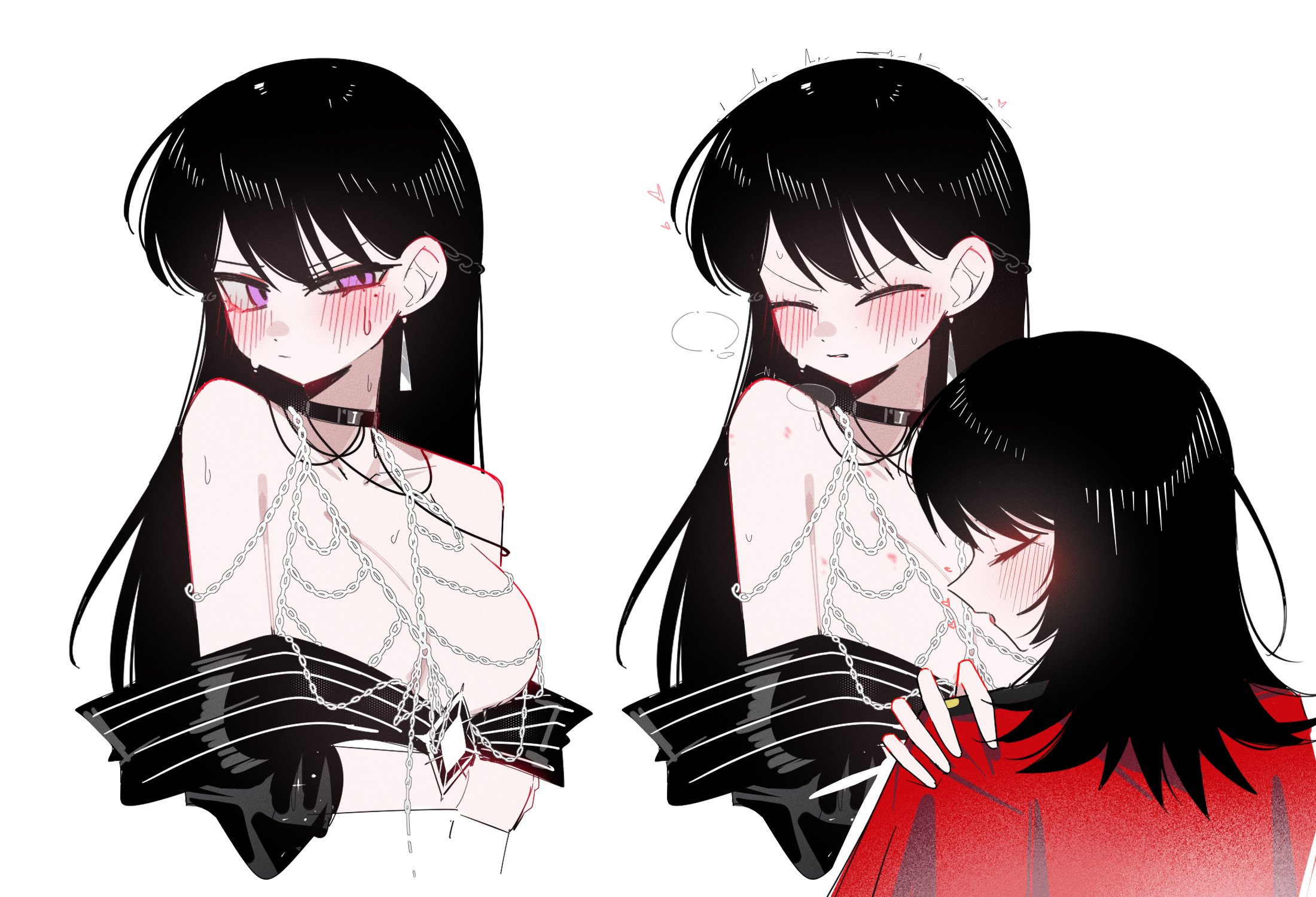 zikiki1092, shiina taki, timoris (bang dream!), yahata umiri, bang dream!, bang dream! it's mygo!!!!!, commentary request, highres, 2girls, black hair, blush, breasts, capelet, closed eyes, closed mouth, earrings, hickey, jewelry, large breasts, lipstick mark, long hair, medium hair, mole, mole under eye, multiple girls, purple eyes, red capelet, simple background, single earring, white background, yuri