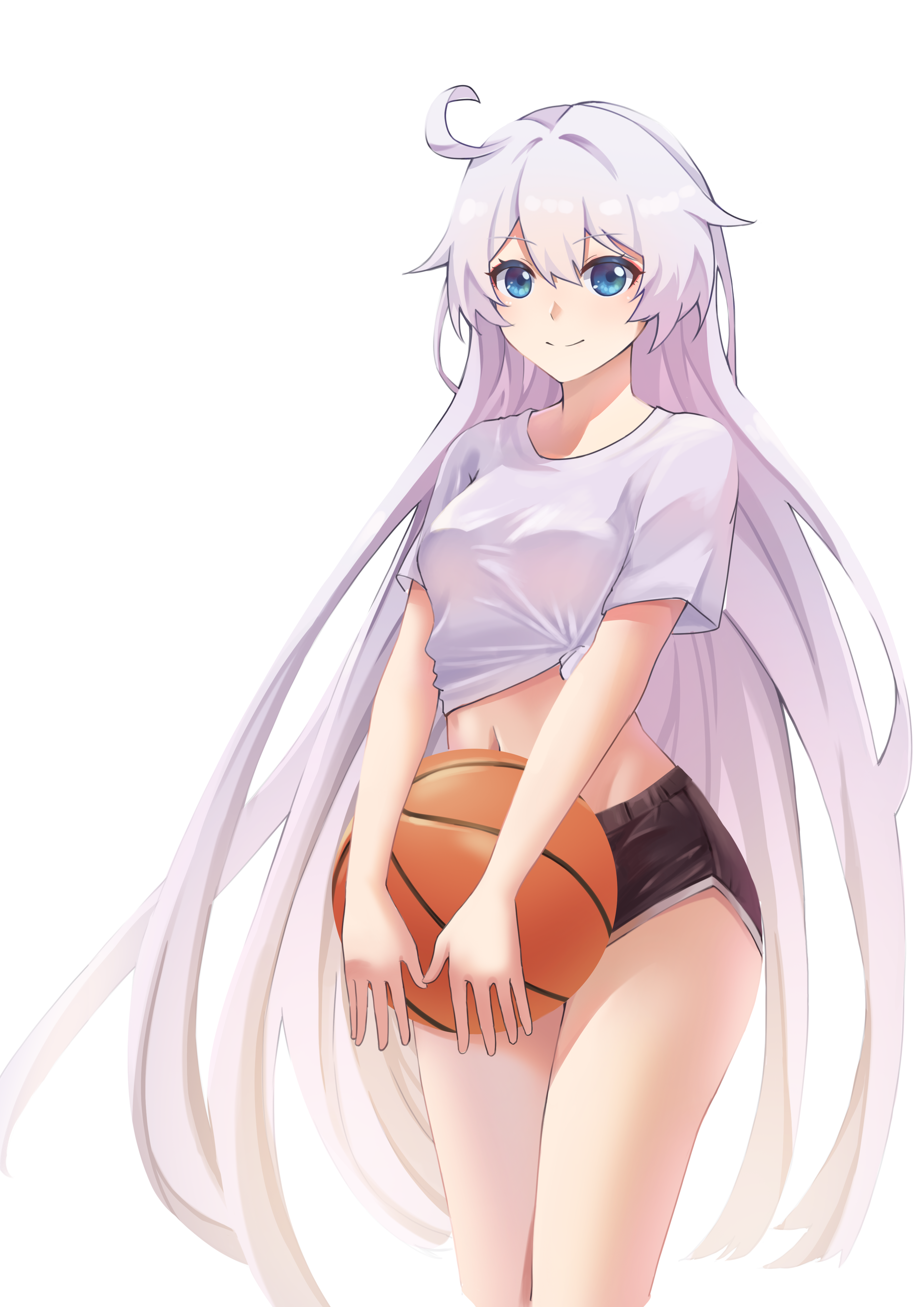 raito (280089691), kiana kaslana, honkai (series), honkai impact 3rd, absurdres, commentary request, highres, 1girl, ahoge, ball, basketball (object), black shorts, breasts, closed mouth, cowboy shot, dolphin shorts, holding, holding ball, long hair, looking at viewer, medium breasts, navel, shirt, short sleeves, shorts, simple background, smile, solo, stomach, very long hair, white background, white hair, white shirt