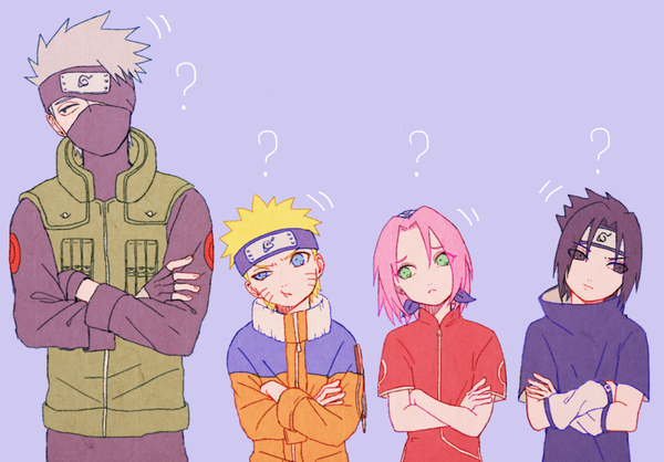 rero (putpn2), haruno sakura, hatake kakashi, uchiha sasuke, uzumaki naruto, naruto (classic), naruto (series), commentary request, 1girl, 3boys, ?, black eyes, black gloves, black hair, blonde hair, blue eyes, blue hairband, blue headband, crossed arms, fingerless gloves, flak jacket, forehead protector, frown, gloves, green eyes, grey hair, hairband, head tilt, headband, jacket, mask, mouth mask, multiple boys, one eye covered, pink hair, pout, short hair, team 7 (naruto)