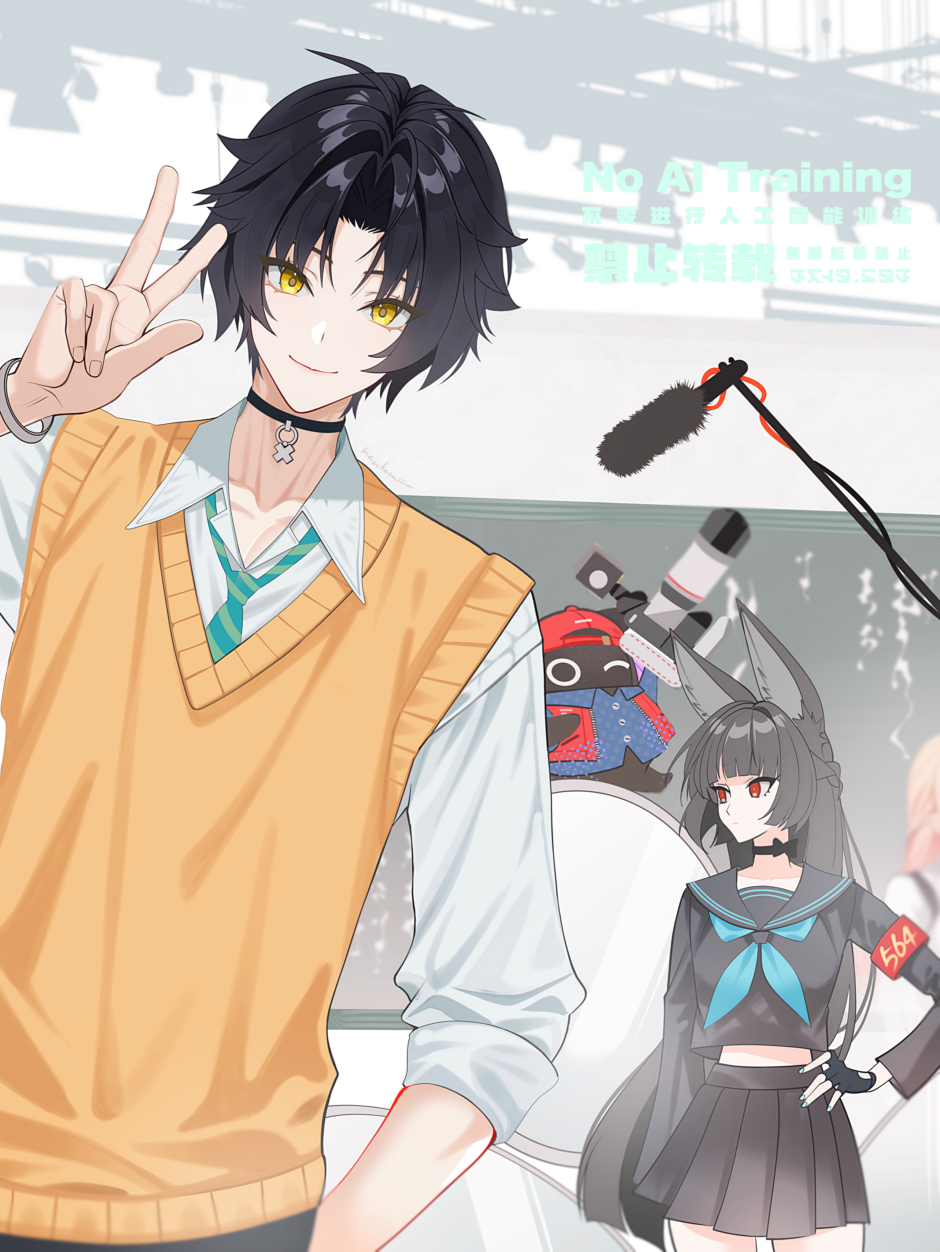 naru9, asaba harumasa, bangboo (zenless zone zero), hoshimi miyabi, snap (zenless zone zero), tsukishiro yanagi, zenless zone zero, absurdres, highres, 1boy, 1other, 2girls, animal ear fluff, animal ears, armband, black gloves, black hair, black shirt, black skirt, blue ribbon, bow, bow choker, bracelet, camera, chalkboard, choker, closed mouth, collarbone, fingerless gloves, fox ears, fox girl, gloves, green necktie, hand in pocket, hand on own hip, hat, jewelry, long hair, looking at viewer, looking to the side, microphone, mirror, multiple girls, necktie, one eye closed, pink hair, red hair, red hat, ribbon, school uniform, shirt, short hair, skirt, sleeveless, sleeveless sweater, smile, striped necktie, studio, studio microphone, sweater, w, white background, white shirt, yellow eyes, yellow sweater