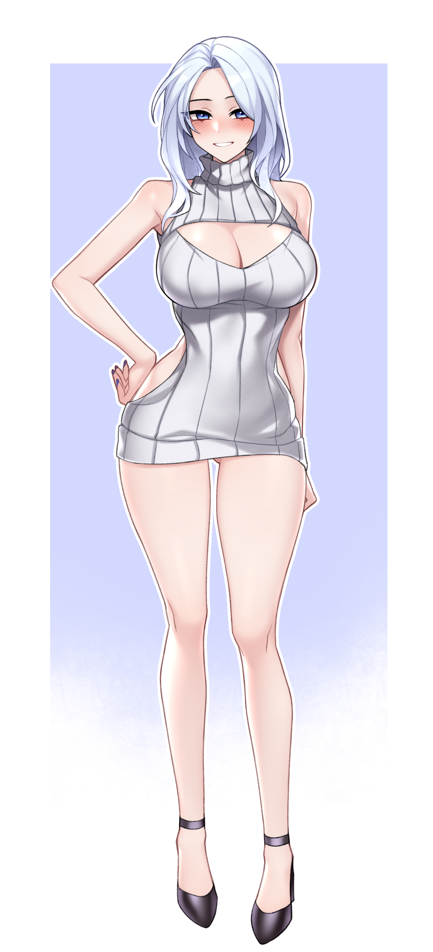 dogs (dlrkdejr26), ashe (league of legends), league of legends, absurdres, highres, korean commentary, 1girl, :d, alternate breast size (larger), ankle strap, arm at side, arm behind back, bare arms, black shoes, blue eyes, blush, bottomless, breasts, cleavage, cleavage cutout, clothing cutout, covered navel, dress, forehead, full body, gluteal fold, gradient background, hand on own hip, high heels, large breasts, legs, legs apart, long hair, looking at viewer, nose blush, open mouth, outline, purple background, purple nails, shoes, simple background, sleeveless, sleeveless dress, smile, solo, standing, strappy heels, striped clothes, thighs, turtleneck, turtleneck dress, two-tone background, vertical-striped clothes, white hair, white outline