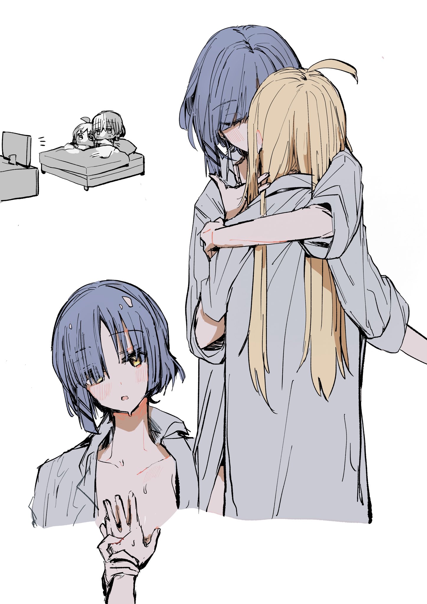 tamuhei (6nasiki), ijichi nijika, yamada ryo, bocchi the rock!, commentary request, highres, 2girls, ahoge, alternate hairstyle, bed, blonde hair, blue hair, blush, collarbone, ear blush, grey shirt, hair down, hair over one eye, hand on another's chest, hug, long bangs, long hair, multiple girls, on bed, open clothes, open shirt, parted lips, shirt, short hair, simple background, straight hair, sweat, three-quarter sleeves, under covers, watching television, white background, yellow eyes, yuri