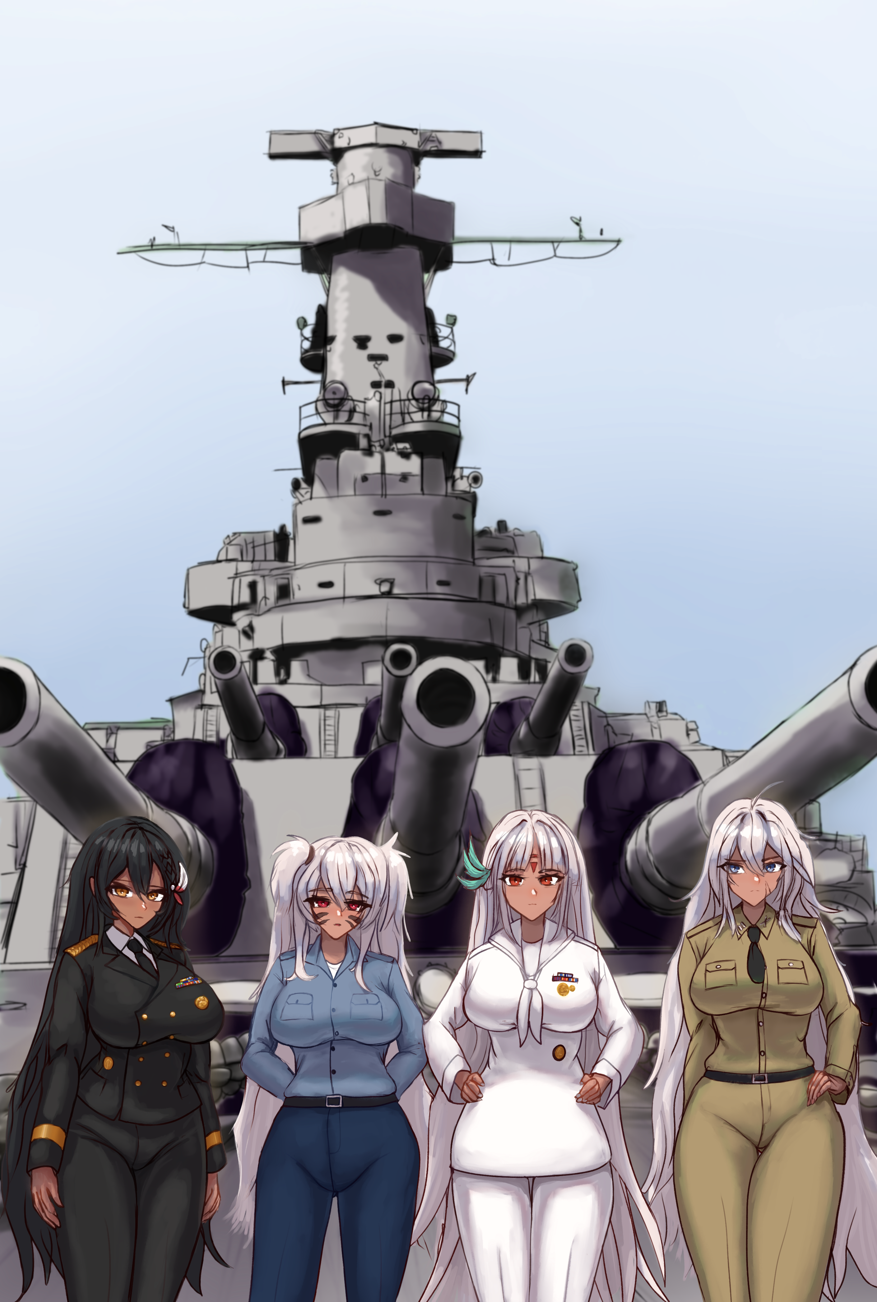 starving for more, alabama (azur lane), indiana (azur lane), massachusetts (azur lane), south dakota (azur lane), azur lane, absurdres, highres, 4girls, arms behind back, battleship, black hair, black necktie, blue eyes, blue pants, breasts, buttons, closed mouth, dark-skinned female, dark skin, epaulettes, facial mark, large breasts, long hair, looking at viewer, medal, military uniform, military vehicle, multiple girls, naval uniform, necktie, pants, parted bangs, red eyes, sailor collar, scar, scar on face, ship, ship turret, twintails, very long hair, warship, watercraft, white hair, white sailor collar, yellow eyes