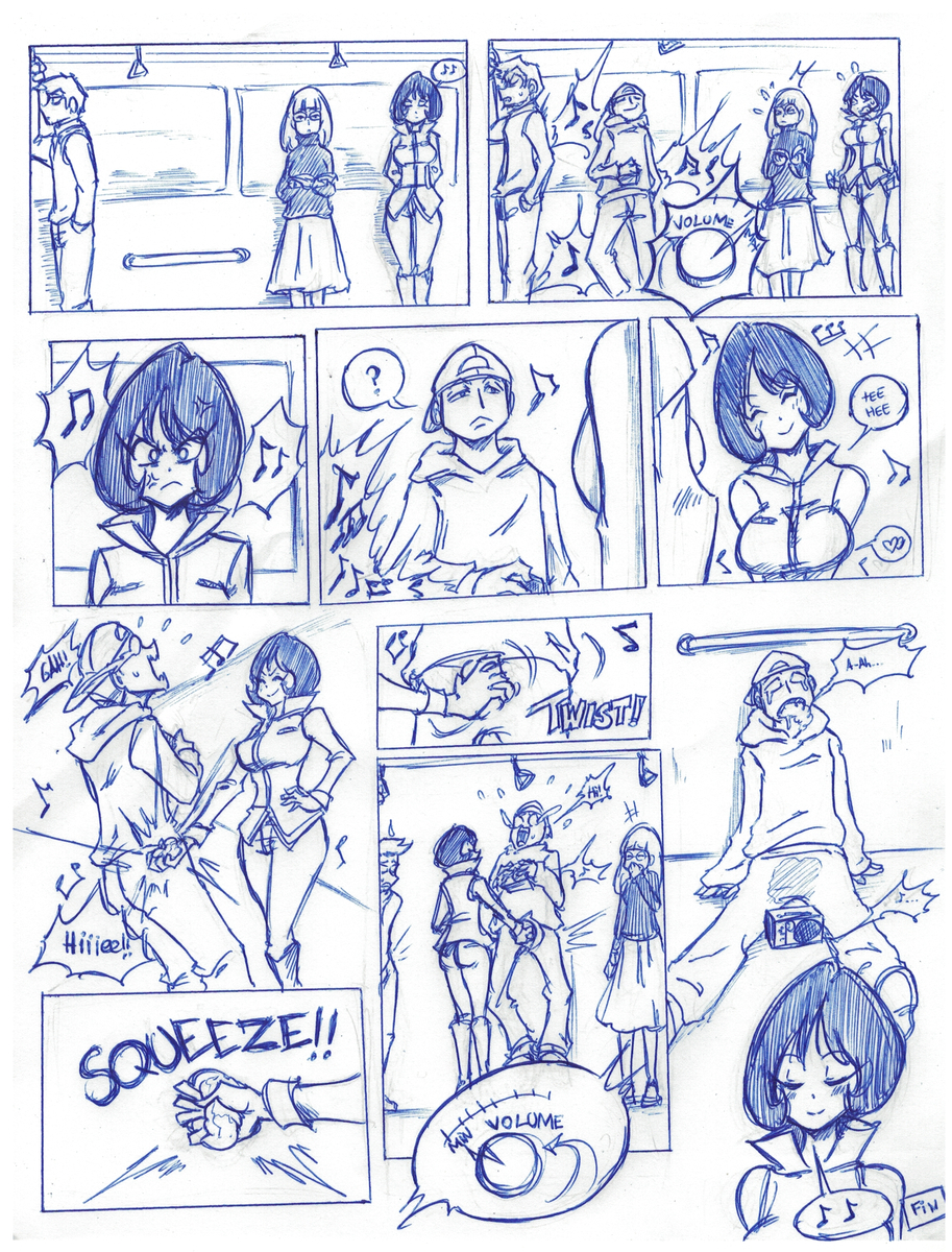 ocigart, 2boys, 2girls, anger vein, angry, backwards hat, ball busting, comic, covering own mouth, crossed arms, crying, dial, foaming at the mouth, hat, inktober, laughing, monochrome, multiple boys, multiple girls, musical note, speaker, squeezing testicles, testicles, train interior