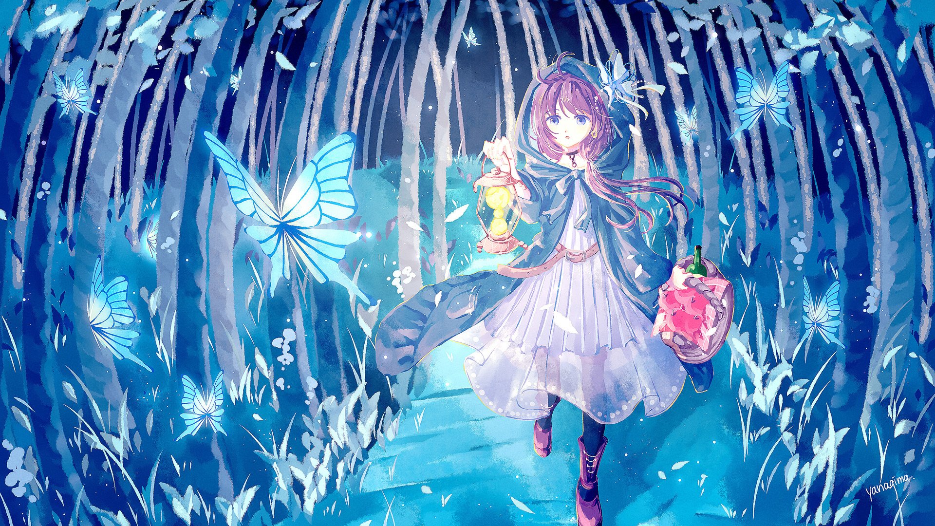 yanagima yu03, original, highres, 1girl, antenna hair, basket, belt, black choker, boots, bottle, bug, butterfly, choker, cloak, dress, forest, holding, holding lamp, hood, hooded cloak, insect, lamp, long hair, nature, open mouth, pink belt, pink hair, purple eyes, solo, swept bangs, walking, white dress