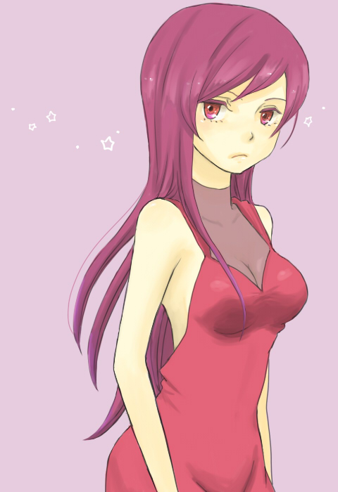 obara, ohara (hello), tieria erde, gundam, gundam 00, bad id, bad pixiv id, 00s, 1boy, 1girl, breasts, cleavage, crossdressing, crossdressing (ftm), crossdressing (mtf), dress, female focus, long hair, purple hair, red eyes, solo, trap