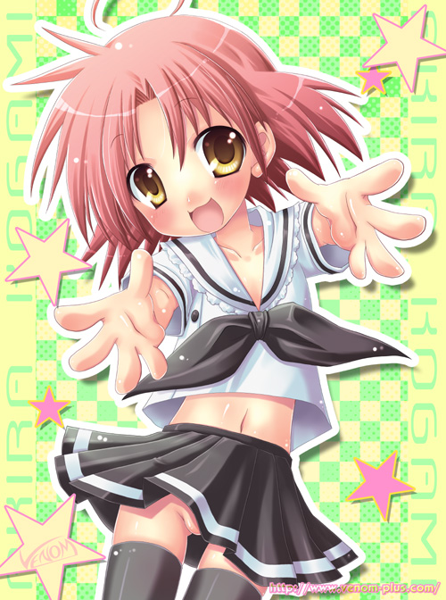 kogami akira, lucky star, artist request, 00s, 1girl, blush, female focus, flat chest, loli, miniskirt, no panties, pink hair, school uniform, short hair, skirt, solo, star (symbol), thighhighs, yellow eyes