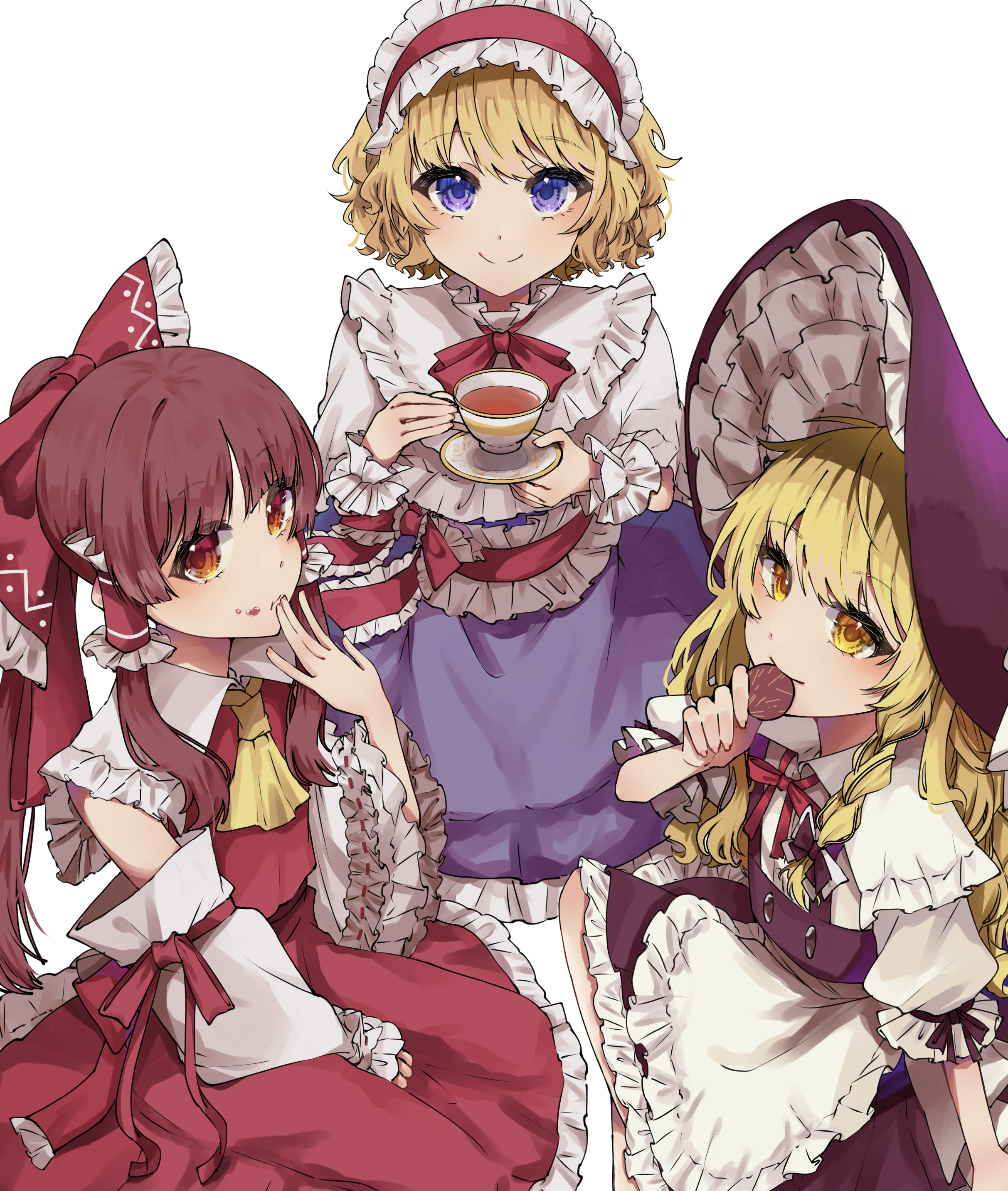 jingai (k1bun), alice margatroid, hakurei reimu, kirisame marisa, touhou, absurdres, commentary request, highres, 3girls, apron, ascot, black bow, black hat, black skirt, black vest, blonde hair, blue dress, bow, bowtie, braid, brown eyes, brown hair, capelet, closed mouth, cookie, cup, detached sleeves, dress, eating, food, food on face, frilled bow, frilled hair tubes, frilled hairband, frills, hair bow, hair tubes, hairband, hat, holding, holding cup, holding food, holding plate, lolita hairband, long hair, looking at viewer, multiple girls, plate, puffy short sleeves, puffy sleeves, purple eyes, red bow, red bowtie, red hairband, red skirt, short sleeves, side braid, simple background, single braid, sitting, skirt, skirt set, smile, vest, waist apron, white apron, white background, white capelet, witch hat, yellow ascot, yellow eyes