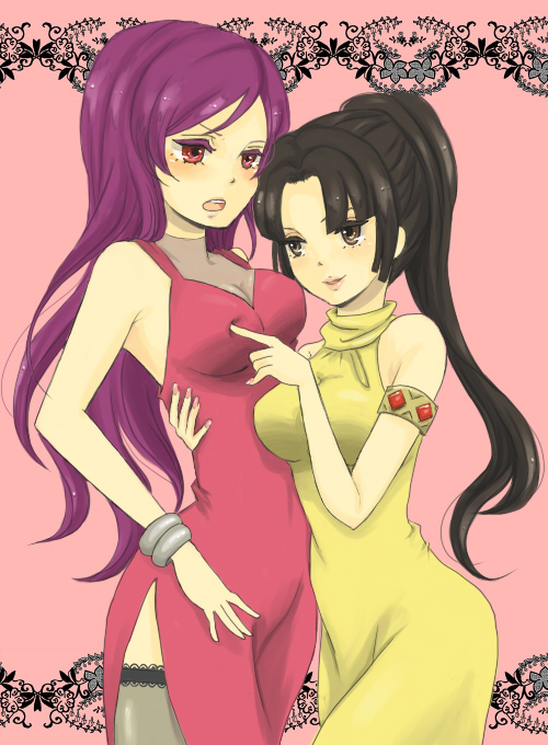 obara, ohara (hello), tieria erde, wang liu mei, gundam, gundam 00, bad id, bad pixiv id, 00s, 1boy, 1girl, black hair, blush, breasts, brown eyes, cleavage, crossdressing, dress, lipstick, long hair, makeup, poking, poking another's breast, ponytail, purple hair, red eyes, side slit, thighhighs, trap