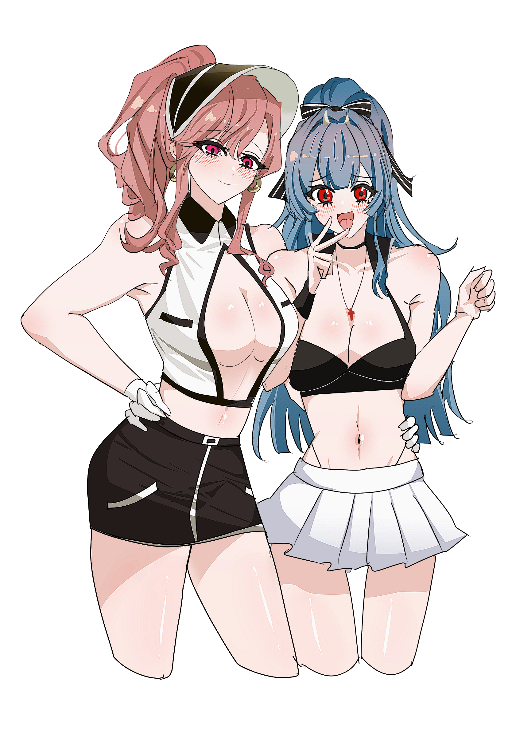 tsuchi (xger4434), clemenceau (azur lane), clemenceau (splendid breeze) (azur lane), marco polo (azur lane), azur lane, highres, 2girls, blue hair, breasts, cleavage, closed mouth, gloves, hand on another's waist, hand on own hip, high ponytail, highleg, highleg panties, large breasts, long hair, looking at viewer, multiple girls, navel, official alternate costume, open mouth, panties, pink hair, ponytail, red eyes, simple background, smile, stomach, underwear, white background, white gloves, white panties