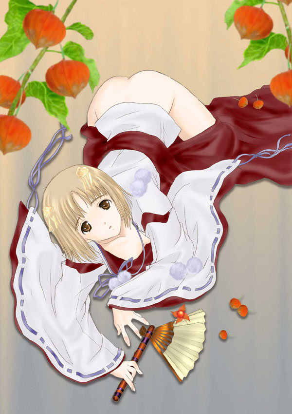 kinmedai pink, bottomless, clothes pull, hand fan, holding, holding fan, japanese clothes, leaf, miko, open clothes, open robe, robe, short hair, solo