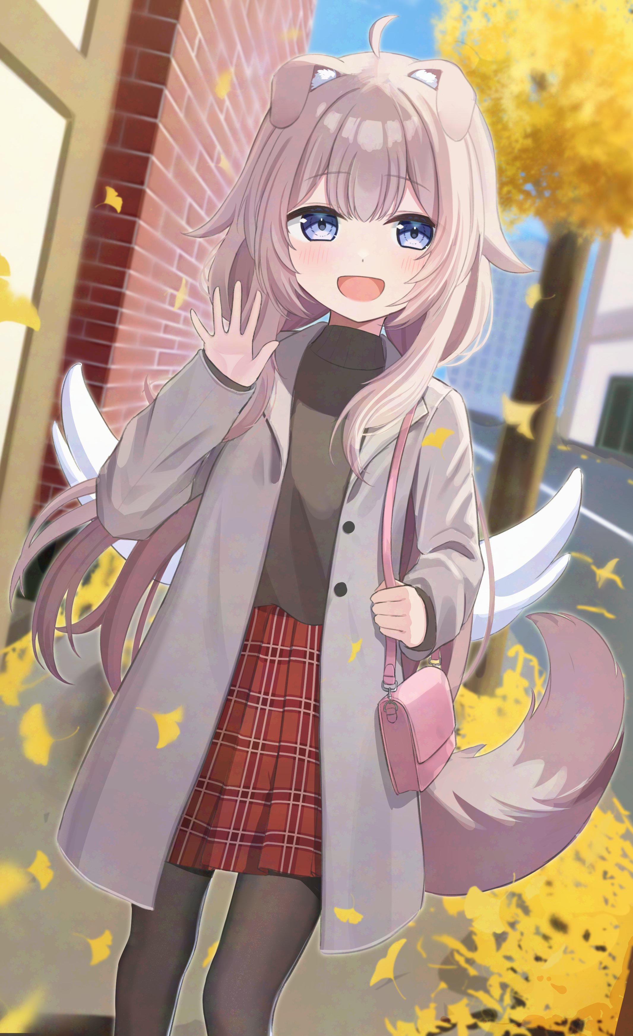 mikeran5648, absurdres, character request, commission, copyright request, highres, skeb commission, 1girl, animal ears, bag, black pantyhose, black sweater, blue eyes, center-flap bangs, coat, day, dog ears, dog girl, dog tail, double-parted bangs, dutch angle, falling leaves, feet out of frame, grey coat, grey hair, grey tail, hand up, leaf, long hair, long sleeves, open clothes, open coat, open mouth, outdoors, pantyhose, plaid clothes, plaid skirt, pleated skirt, red skirt, shoulder bag, skirt, smile, solo, standing, sweater, tail, turtleneck, turtleneck sweater, urban, very long hair, waving