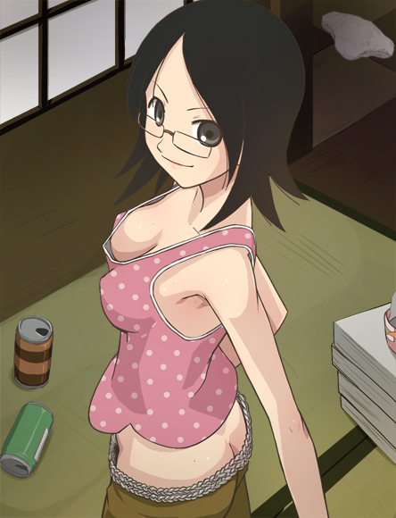 haruyama kazunori, fujiyoshi harumi, sayonara zetsubou sensei, 00s, 1girl, armpits, ass, bare shoulders, black hair, breasts, brown eyes, butt crack, cleavage, downblouse, downpants, female focus, female pubic hair, from above, glasses, no bra, no panties, panties, pubic hair, short hair, solo, tank top, underwear