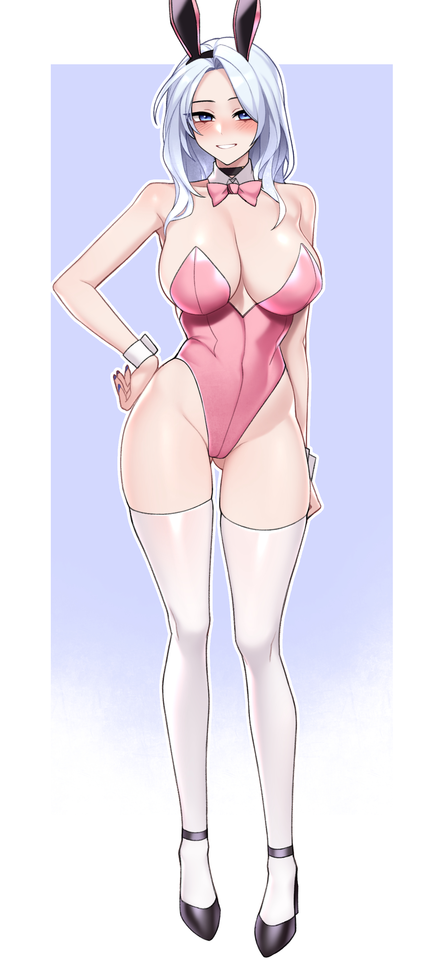 dogs (dlrkdejr26), ashe (league of legends), league of legends, absurdres, highres, korean commentary, 1girl, :d, alternate breast size (larger), animal ears, ankle strap, arm at side, arm behind back, blue eyes, blue hair, blush, bow, bowtie, breasts, cleavage, curtained hair, detached collar, dot nose, fake animal ears, forehead, full body, gluteal fold, gradient background, grey hair, hand on own hip, high heels, highleg, highleg leotard, large breasts, legs, legs apart, leotard, long hair, looking at viewer, no bra, no panties, nose blush, open mouth, outline, pink bow, pink bowtie, pink leotard, playboy bunny, purple background, purple nails, simple background, smile, solo, standing, strapless, strapless leotard, strappy heels, thighhighs, thighs, two-tone background, white hair, white outline, white thighhighs, wrist cuffs