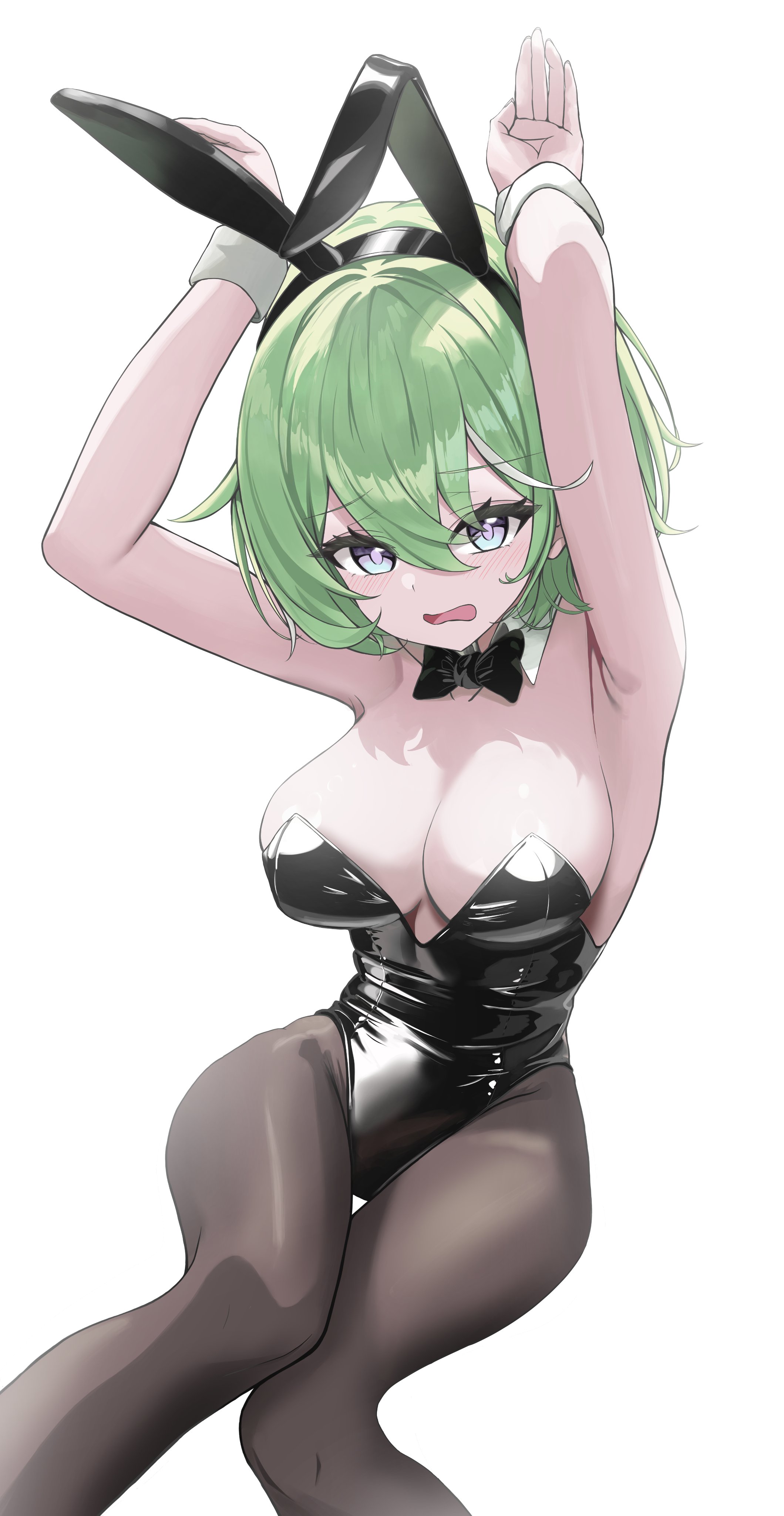 yuzuha riko, stellive, absurdres, highres, 1girl, animal ears, armpits, arms up, black bow, black bowtie, black leotard, black pantyhose, bow, bowtie, breasts, ccmk5555, cleavage, detached collar, fake animal ears, green hair, large breasts, leotard, looking at viewer, open mouth, pantyhose, playboy bunny, rabbit ears, rabbit pose, short hair, simple background, solo, strapless, strapless leotard, virtual youtuber, white background, wrist cuffs