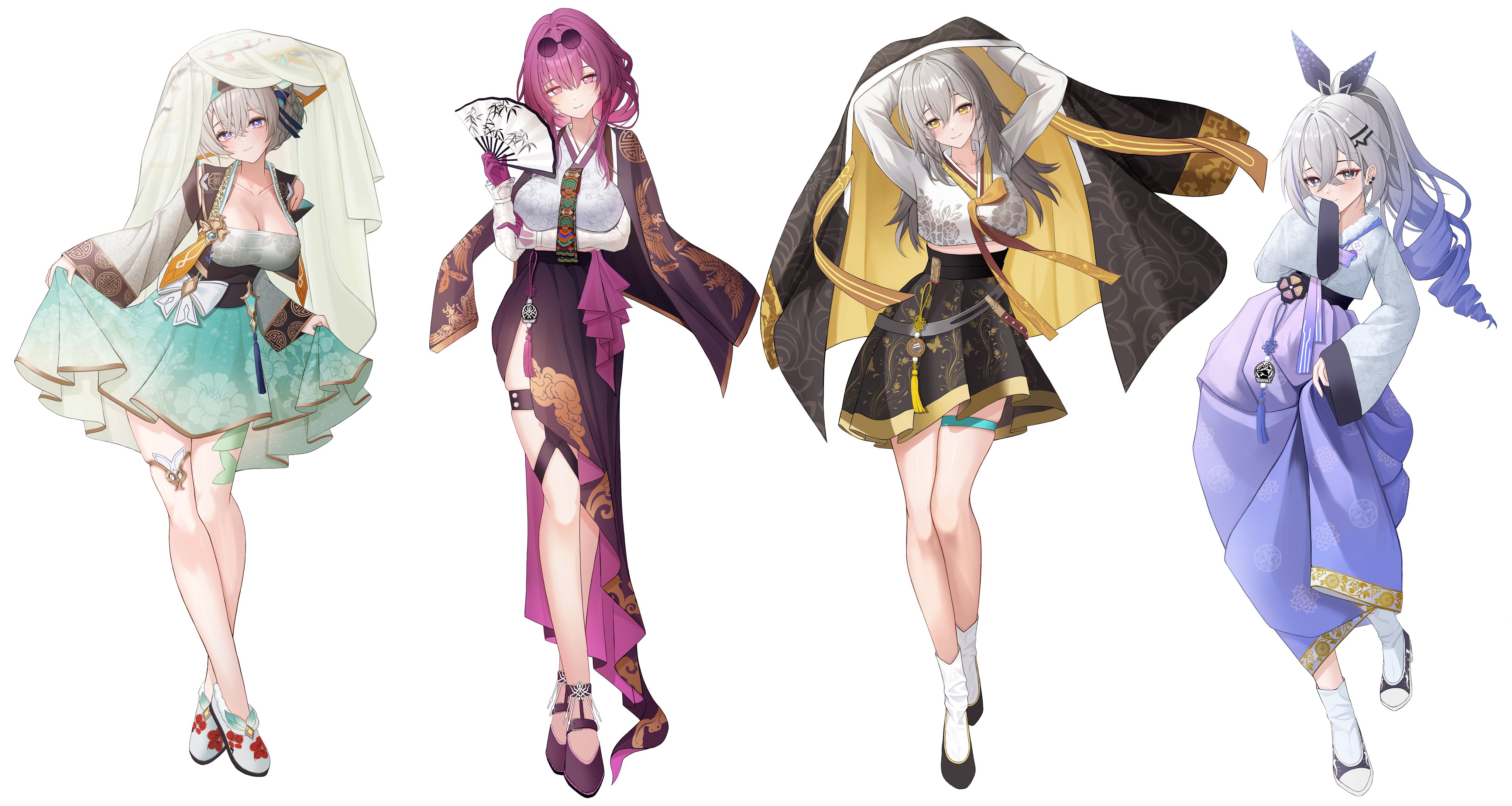 kebi (soo owl), firefly (honkai: star rail), kafka (honkai: star rail), silver wolf (honkai: star rail), stelle (honkai: star rail), trailblazer (honkai: star rail), honkai: star rail, honkai (series), absurdres, commentary request, highres, 4girls, adapted costume, alternate costume, alternate hairstyle, arm under breasts, arms behind head, bare legs, bare shoulders, black hairband, black robe, black shoes, black skirt, blush, breasts, cleavage, closed mouth, collarbone, cropped shirt, crossed bangs, curtsey, detached sleeves, eyewear on head, floral print, fold-over collar, full body, gloves, gradient hair, green skirt, grey hair, hair between eyes, hair ornament, hairband, hairclip, hanbok, hand fan, hand on own arm, hand up, head tilt, holding, holding fan, korean clothes, large breasts, legs, light smile, long hair, long sleeves, looking at viewer, midriff, multicolored hair, multiple girls, purple eyes, purple gloves, purple hair, purple shoes, robe, round eyewear, shoes, simple background, skindentation, skirt, smile, socks, standing, tassel, thigh strap, tinted eyewear, twitter username, white background, white socks, wide sleeves, yellow eyes