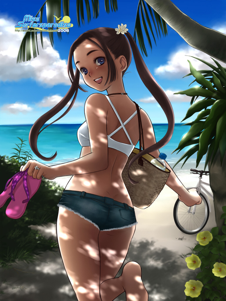 luna2, miss surfersparadise, original, 1girl, :d, ass, barefoot, beach, bicycle, bikini, blue eyes, blush, bottle, brown hair, dappled sunlight, day, denim, denim shorts, female focus, flip-flops, flower, hibiscus, holding, holding shoes, holding unworn clothes, long hair, looking back, ocean, open mouth, outdoors, samoan fluff, sandals, shoes, shorts, smile, solo, sunlight, swimsuit, tan, teeth, tree, tree shade, twintails, unworn shoes, watermark