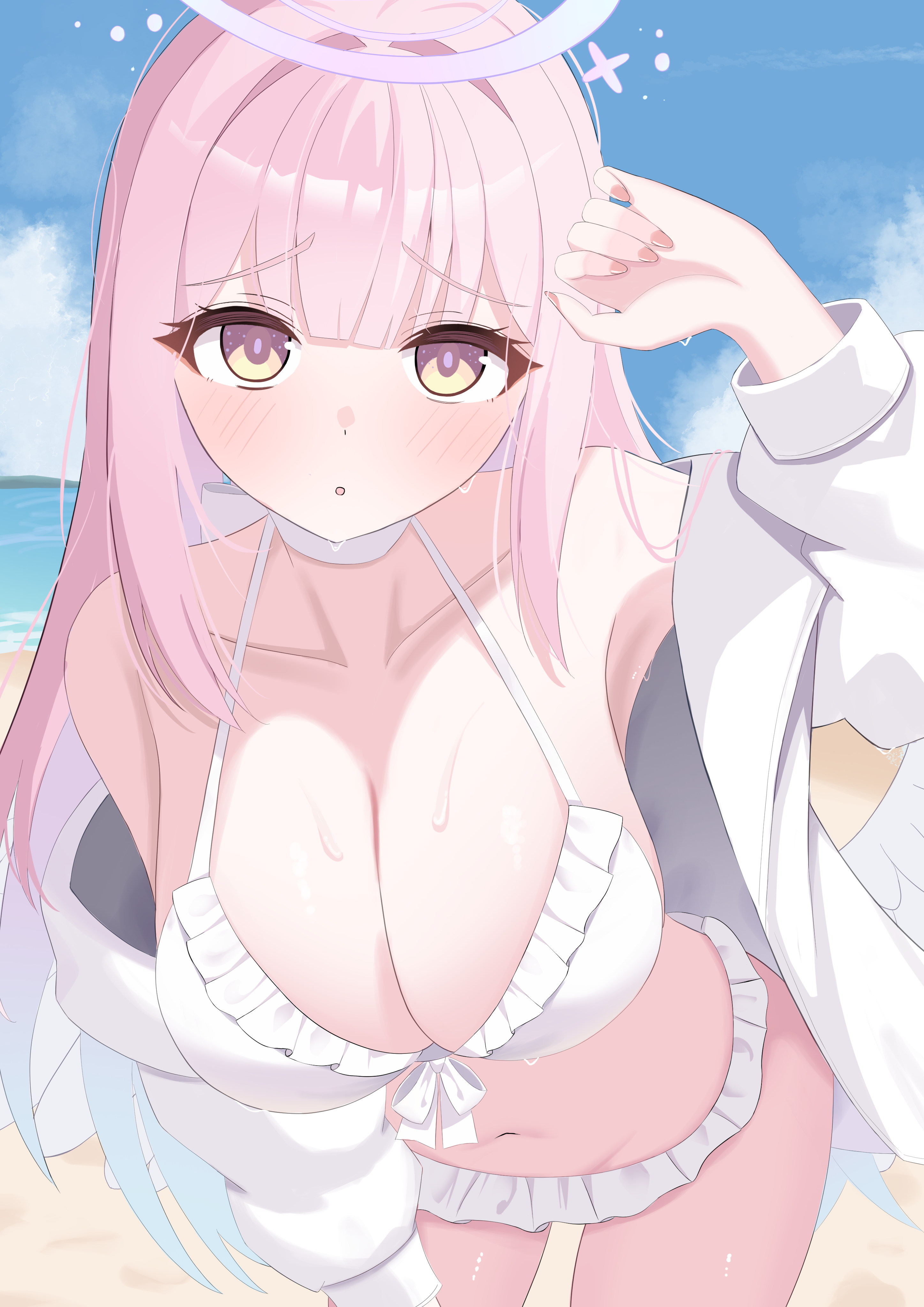 kurenaiaoi0, mika (blue archive), mika (swimsuit) (blue archive), blue archive, absurdres, highres, 1girl, aqua hair, arm up, bikini, blush, breasts, choker, cleavage, collarbone, feathered wings, frilled bikini, frills, gradient hair, halo, hand on own thigh, looking at viewer, low wings, multicolored hair, navel, official alternate costume, official alternate hairstyle, open mouth, pink hair, pink halo, solo, stomach, swimsuit, white bikini, white choker, white wings, wings