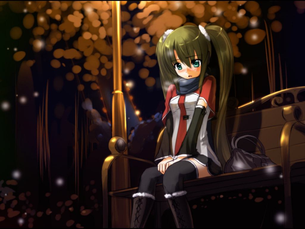 kakaon, hatsune miku, vocaloid, bad id, bad pixiv id, alternate color, bench, blush, breath, casual, cold, detached sleeves, green eyes, green hair, long hair, necktie, scarf, solo, thighhighs, twintails, very long hair