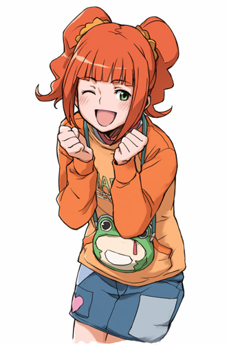 minato fumi, takatsuki yayoi, idolmaster, idolmaster (classic), idolmaster 1, lowres, 00s, 1girl, blush, female focus, happy, one eye closed, orange hair, raglan sleeves, short hair, simple background, solo, twintails, wink