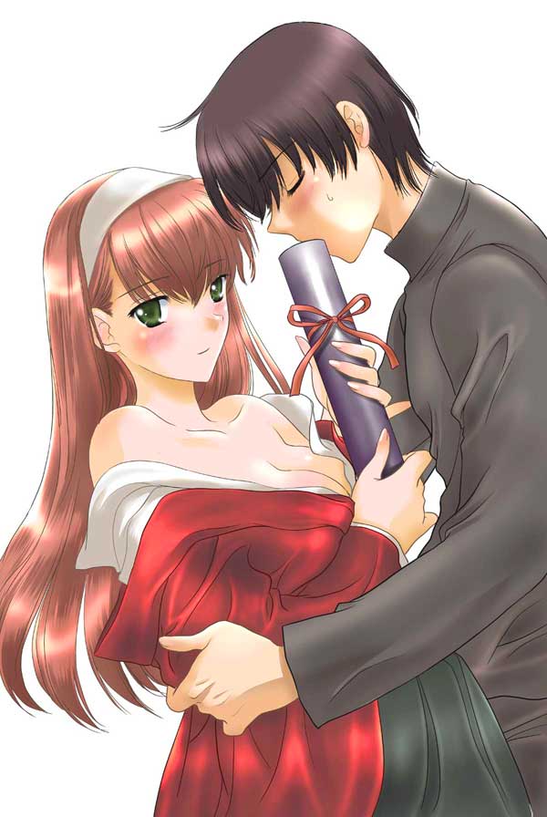 kinmedai pink, 1boy, 1girl, bare shoulders, black hair, blush, breasts, cleavage, closed eyes, couple, green eyes, hairband, hetero, large breasts, long hair, no bra, off shoulder, pink hair, smile