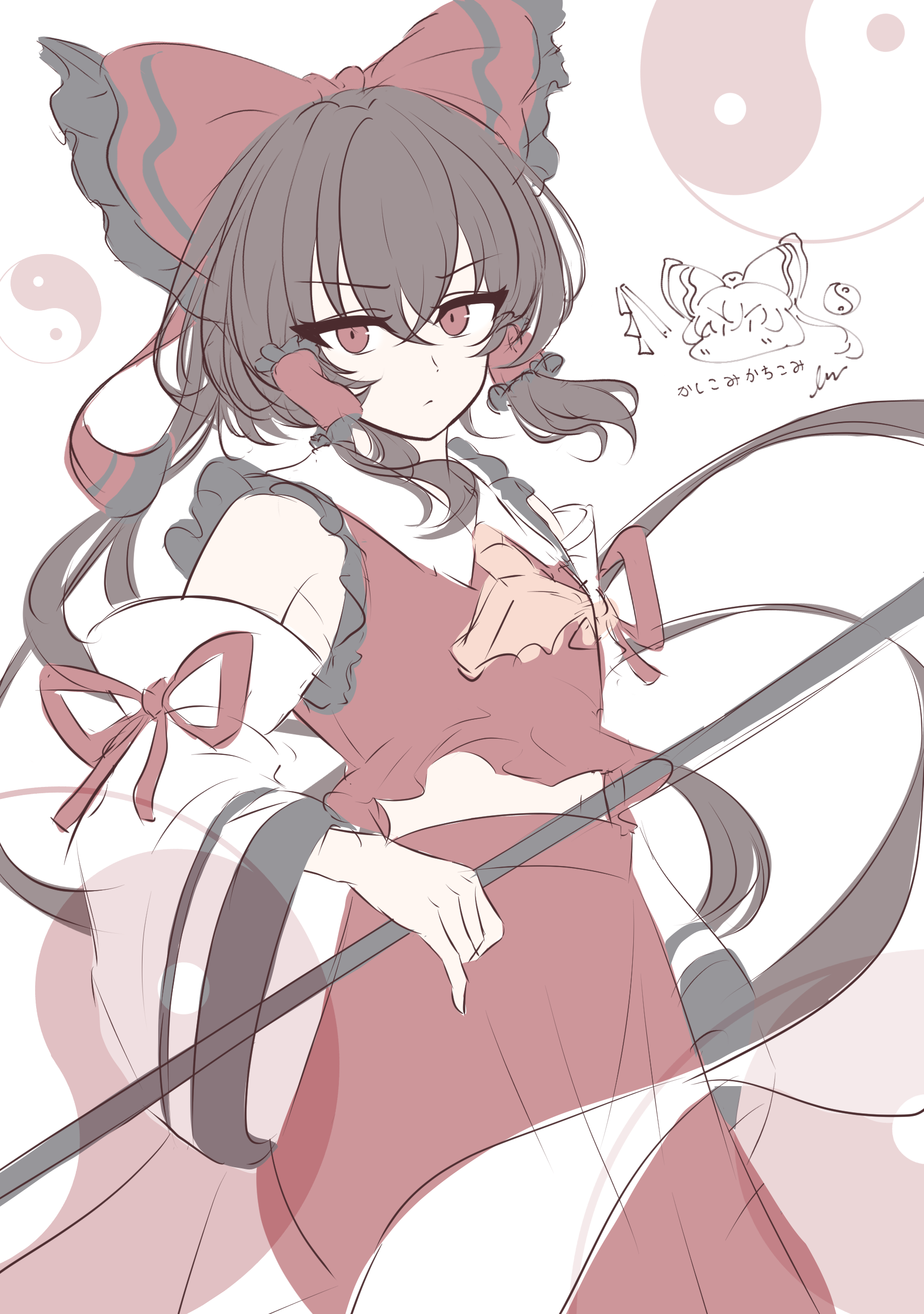 rinkaito1231, hakurei reimu, touhou, absurdres, commentary request, highres, translation request, 1girl, ascot, bow, brown hair, detached sleeves, embellished costume, frilled bow, frilled hair tubes, frills, gohei, hair bow, hair tubes, holding, holding gohei, long hair, red bow, red eyes, red skirt, skirt, skirt set, solo, yellow ascot, yin yang