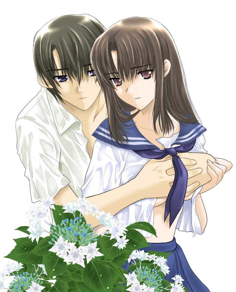 kinmedai pink, jpeg artifacts, 1boy, 1girl, breasts, brother and sister, flower, grabbing another's breast, groping, hetero, hydrangea, incest, midriff, open clothes, open shirt, potato, school uniform, serafuku, shirt, siblings