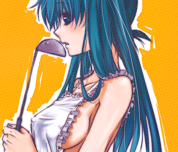 hirusawa hiro, hatsune miku, vocaloid, 1girl, apron, aqua eyes, aqua hair, breasts, female focus, ladle, long hair, medium breasts, naked apron, sideboob, solo