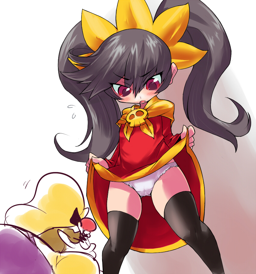 ario, ashley (warioware), wario, mario (series), nintendo, warioware, 1boy, 1girl, alternate legwear, black hair, blush, clothes lift, dress, dress lift, hairband, headband, loli, panties, pantyshot, peeking, red eyes, skirt, skirt lift, thighhighs, twintails, underwear, upskirt, white panties