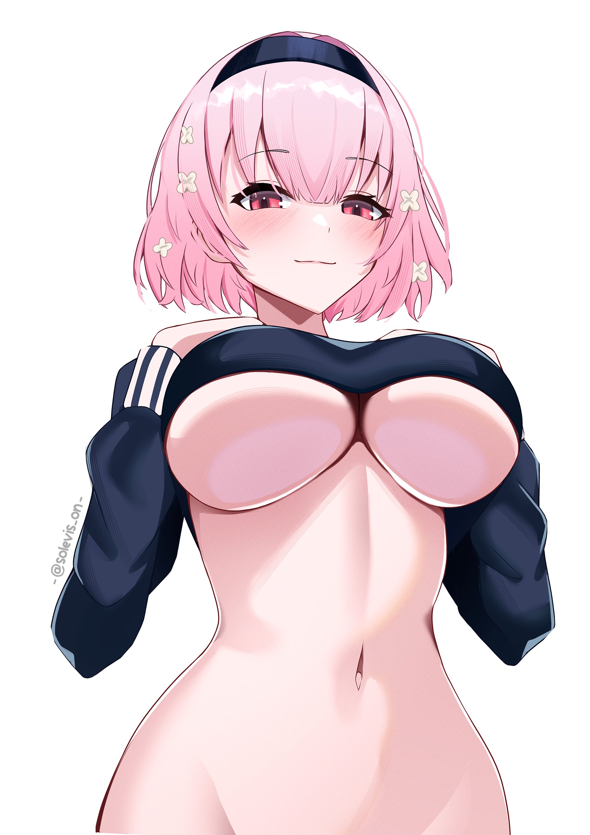 solevisionarts, mori calliope, mori calliope (kawaiiope), hololive, hololive english, absurdres, commentary, english commentary, highres, 1girl, black hairband, blue jacket, blush, bottomless, breasts, closed mouth, flower, hair between eyes, hair flower, hair ornament, hairband, jacket, large breasts, long sleeves, looking at viewer, medium hair, navel, pink eyes, pink hair, simple background, smile, solo, stomach, twitter username, underboob, upper body, virtual youtuber, white background