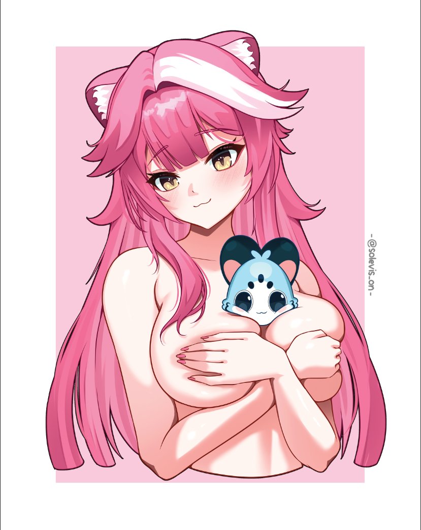 solevisionarts, chattino (raora panthera), raora panthera, hololive, hololive english, commentary, english commentary, 1girl, :3, animal ears, between breasts, blush, breasts, closed mouth, collarbone, completely nude, covering breasts, covering privates, cropped torso, crossed wrists, fingernails, hair intakes, large breasts, long hair, multicolored hair, nail polish, nude, panther ears, panther girl, pink background, pink hair, pink nails, smile, streaked hair, twitter username, two-tone hair, upper body, virtual youtuber, white background, white hair, yellow eyes